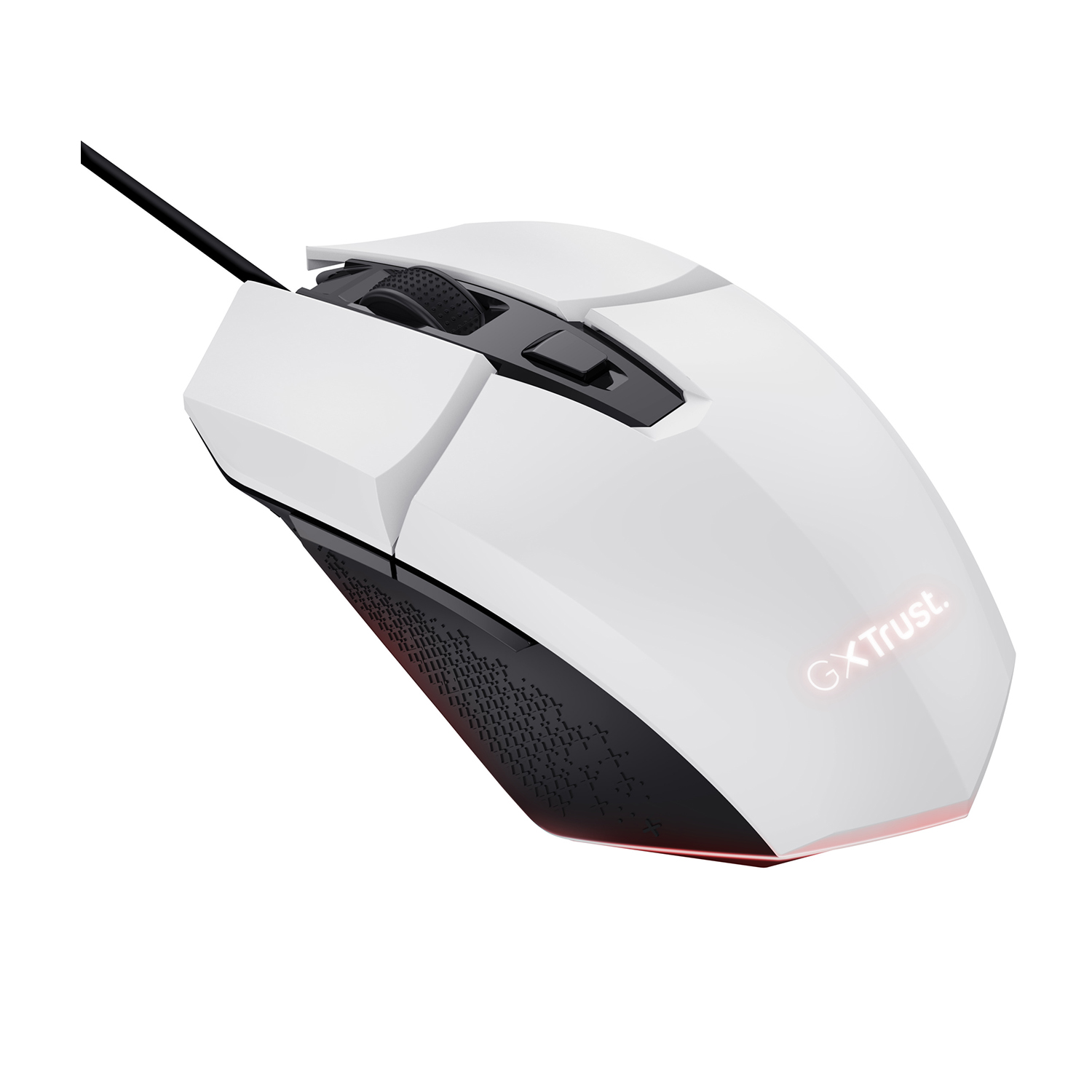 Mouse da gaming bianco e nero, vista laterale, cavo nero, luce rossa.
