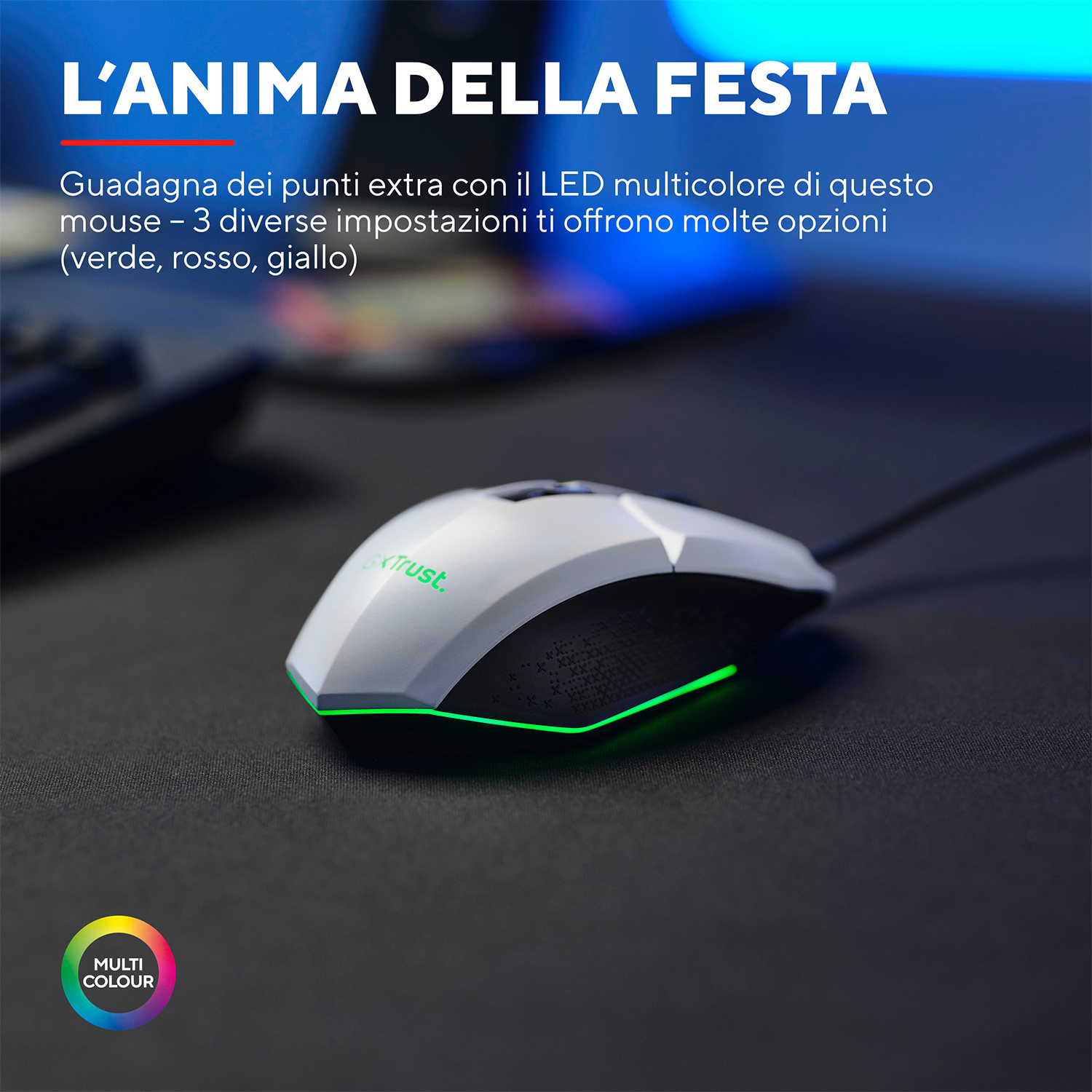 Mouse per computer bianco e nero con illuminazione a LED verde. Testo e cerchio di colore sullo sfondo.
