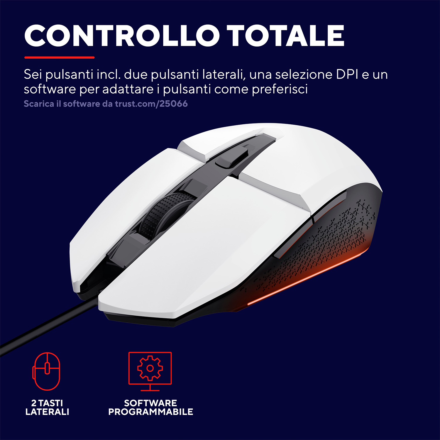 Mouse da gioco bianco con dettagli neri, illuminato di rosso. Testo: 'CONTROLLO TOTALE' e funzioni.