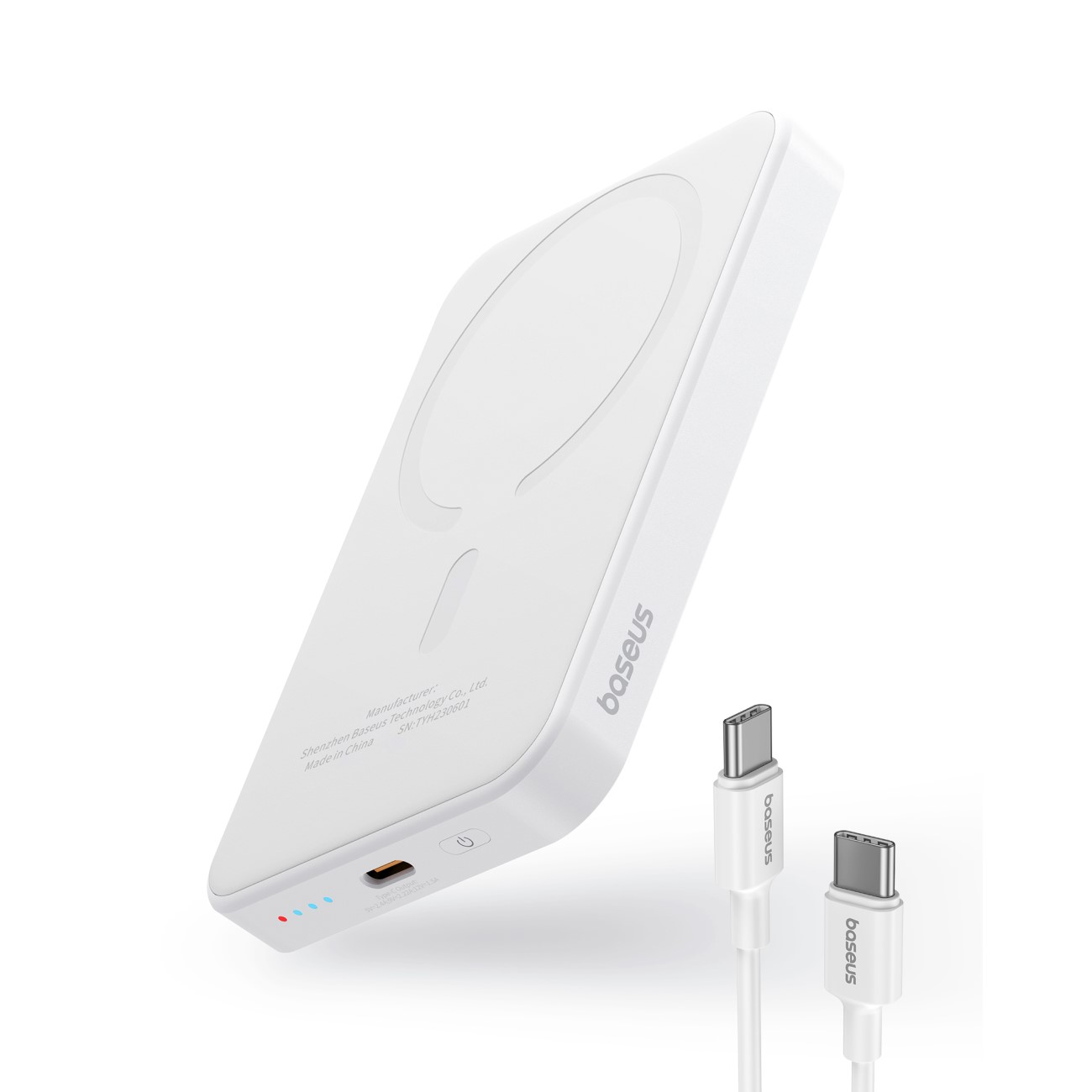 İki USB-C kablosu ile beyaz ve gümüş güç bankası. Ürün, pürüzsüz ve temiz bir tasarıma sahip.