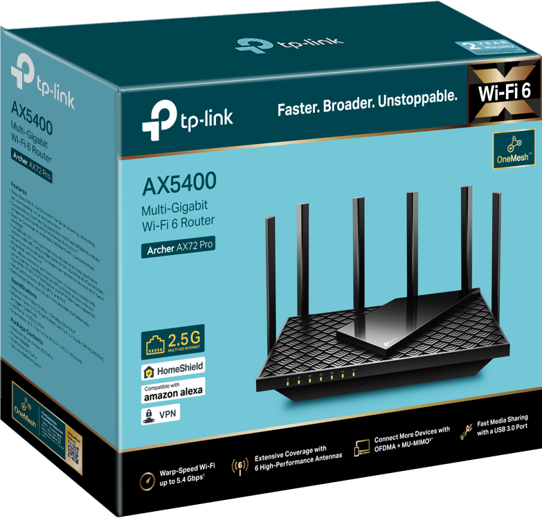 Egy router doboz, amely több antennával rendelkező routert mutat be, a funkcióiról szóló szövegekkel.