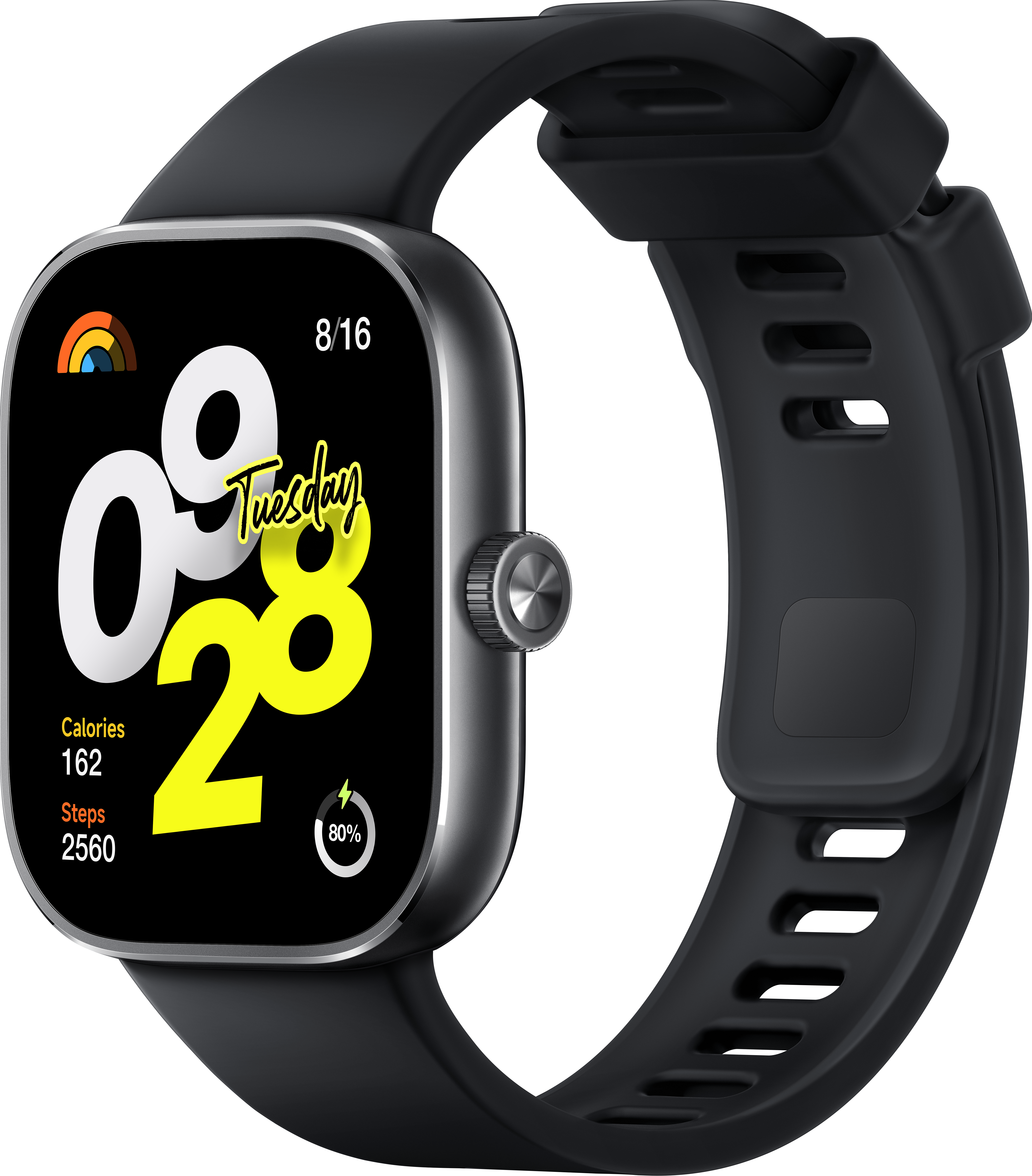 Une smartwatch noire avec un bracelet noir, affichant la date et l'heure, avec une icône arc-en-ciel.