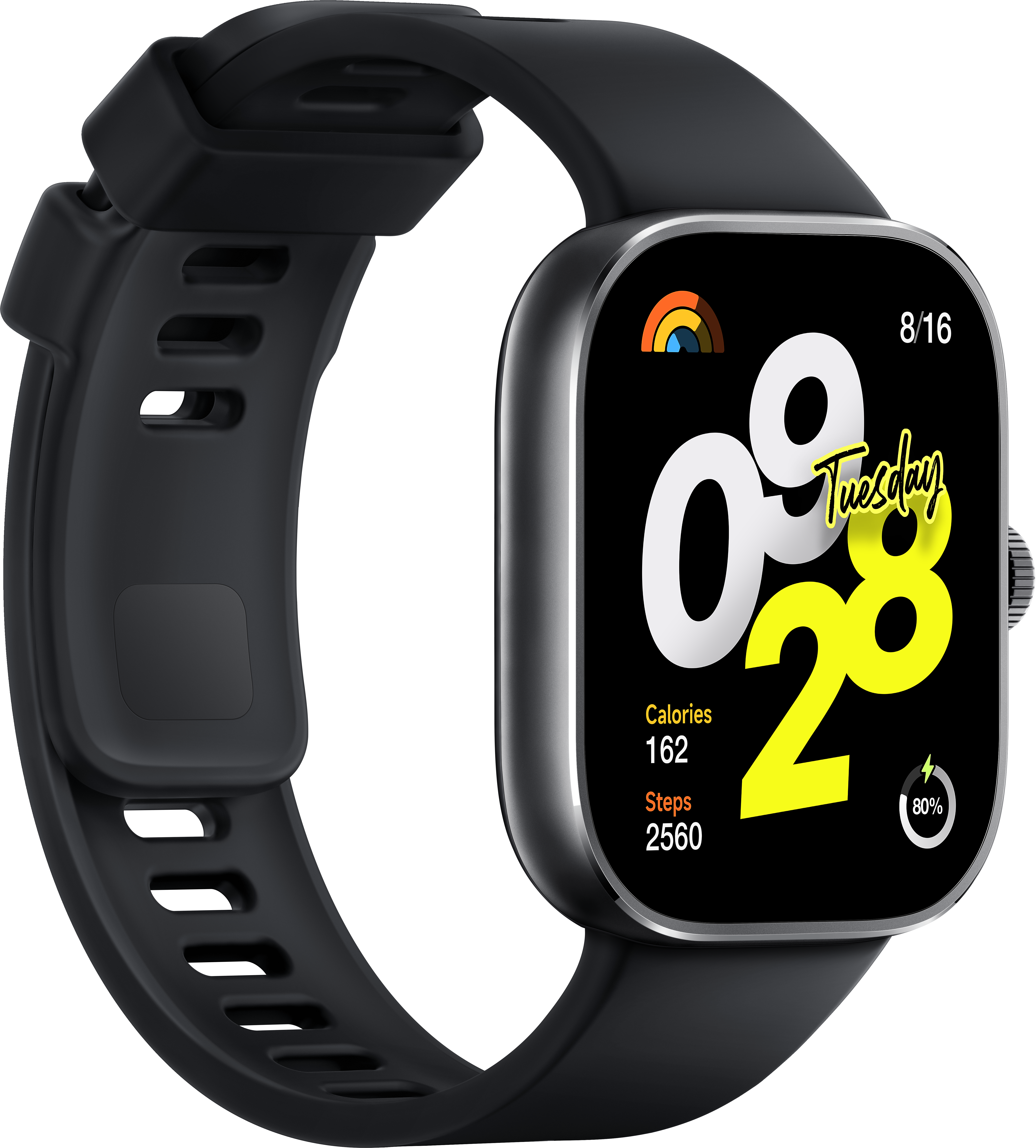 Montre intelligente noire avec bracelet noir. L'écran affiche l'heure, la date et les mesures d'activité en jaune et blanc.