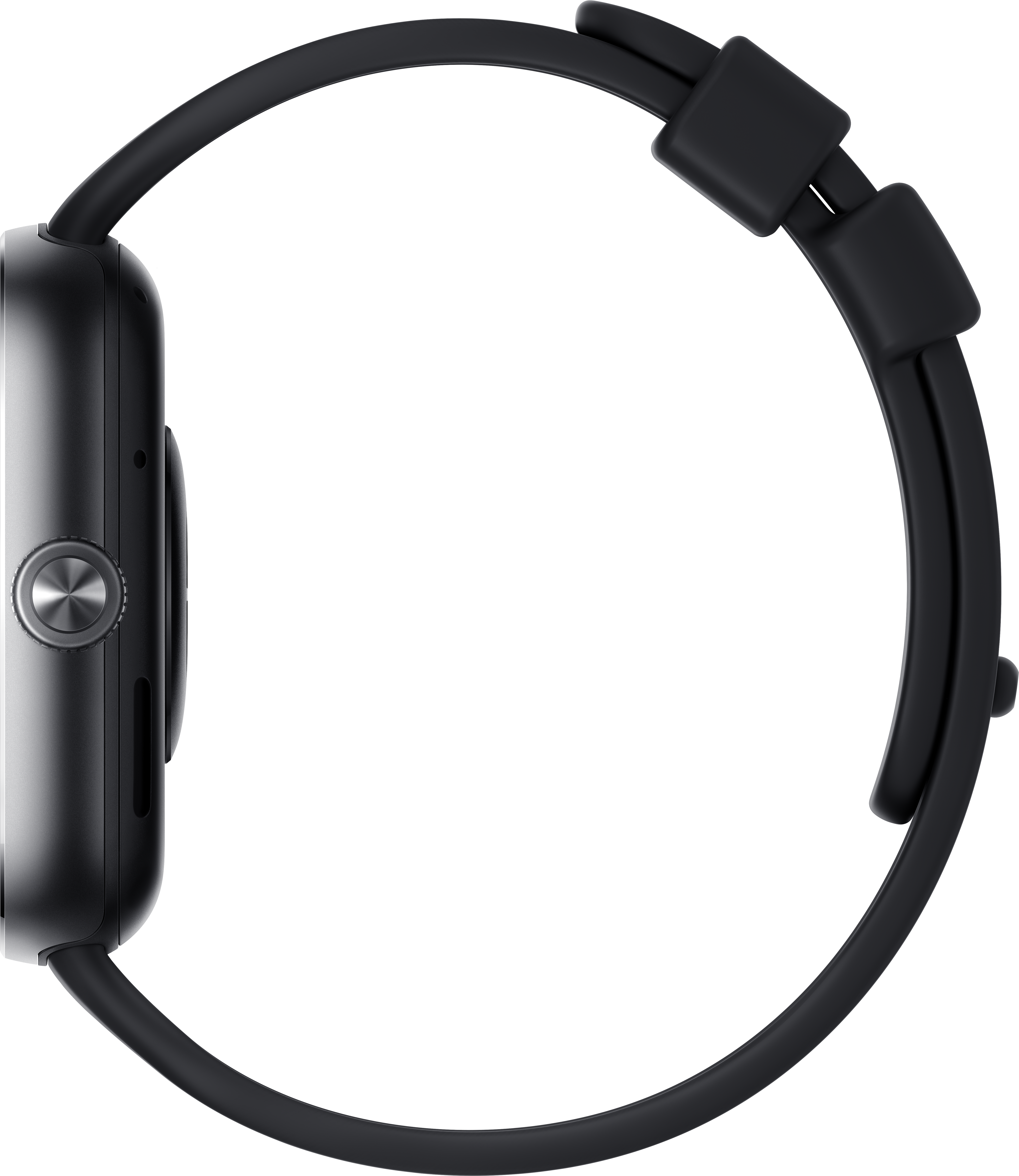 Une montre connectée noire avec un bracelet noir, vue de côté, montrant le cadran et les détails du bracelet.