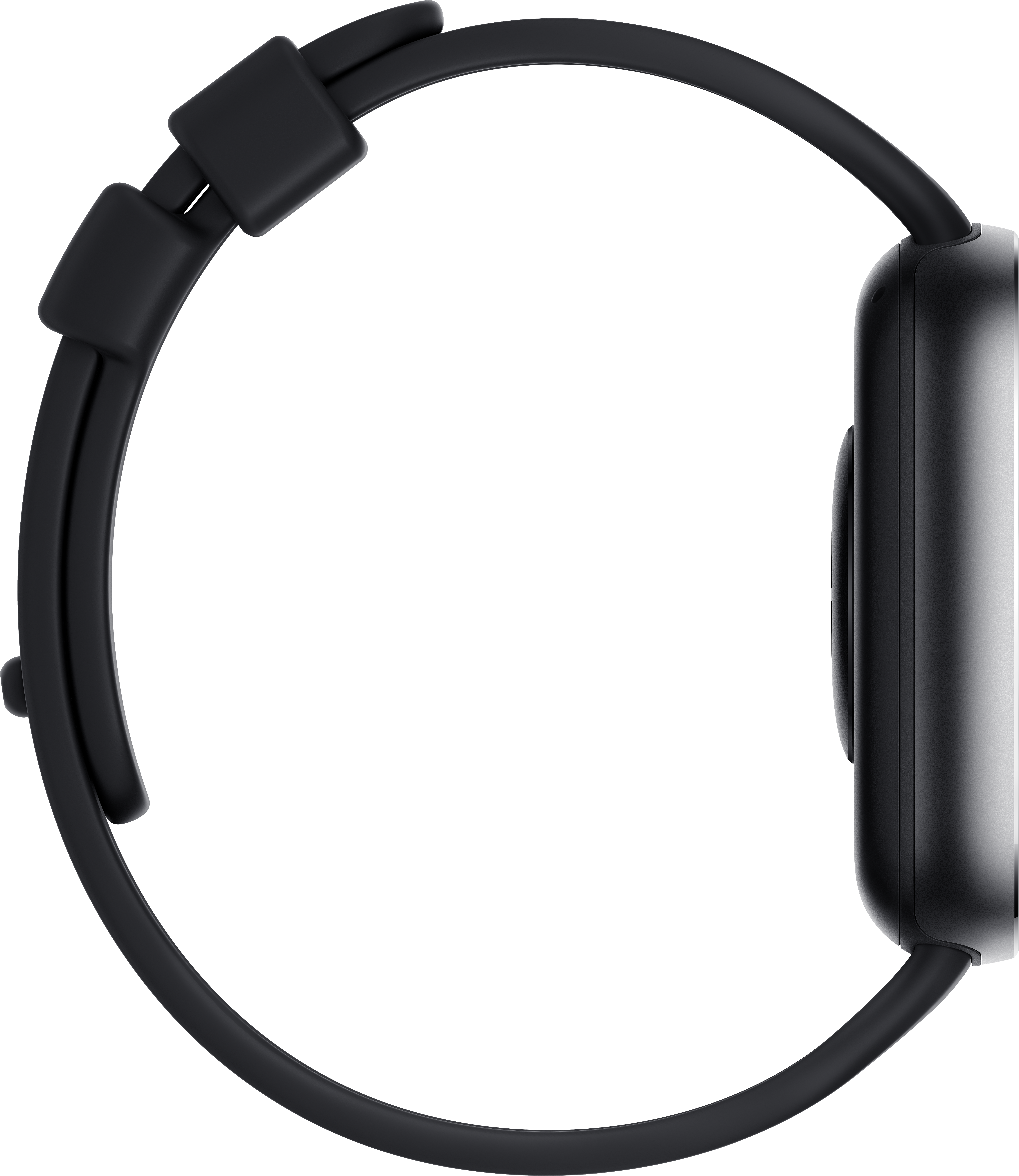 Montre connectée noire avec écran incurvé et bracelet noir. Vue latérale, fond blanc.