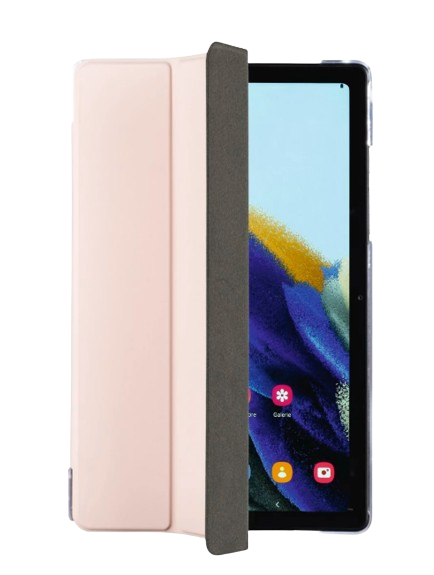 Ein Tablet in einem rosa Etui. Das Etui ist geöffnet und der Bildschirm ist sichtbar.
