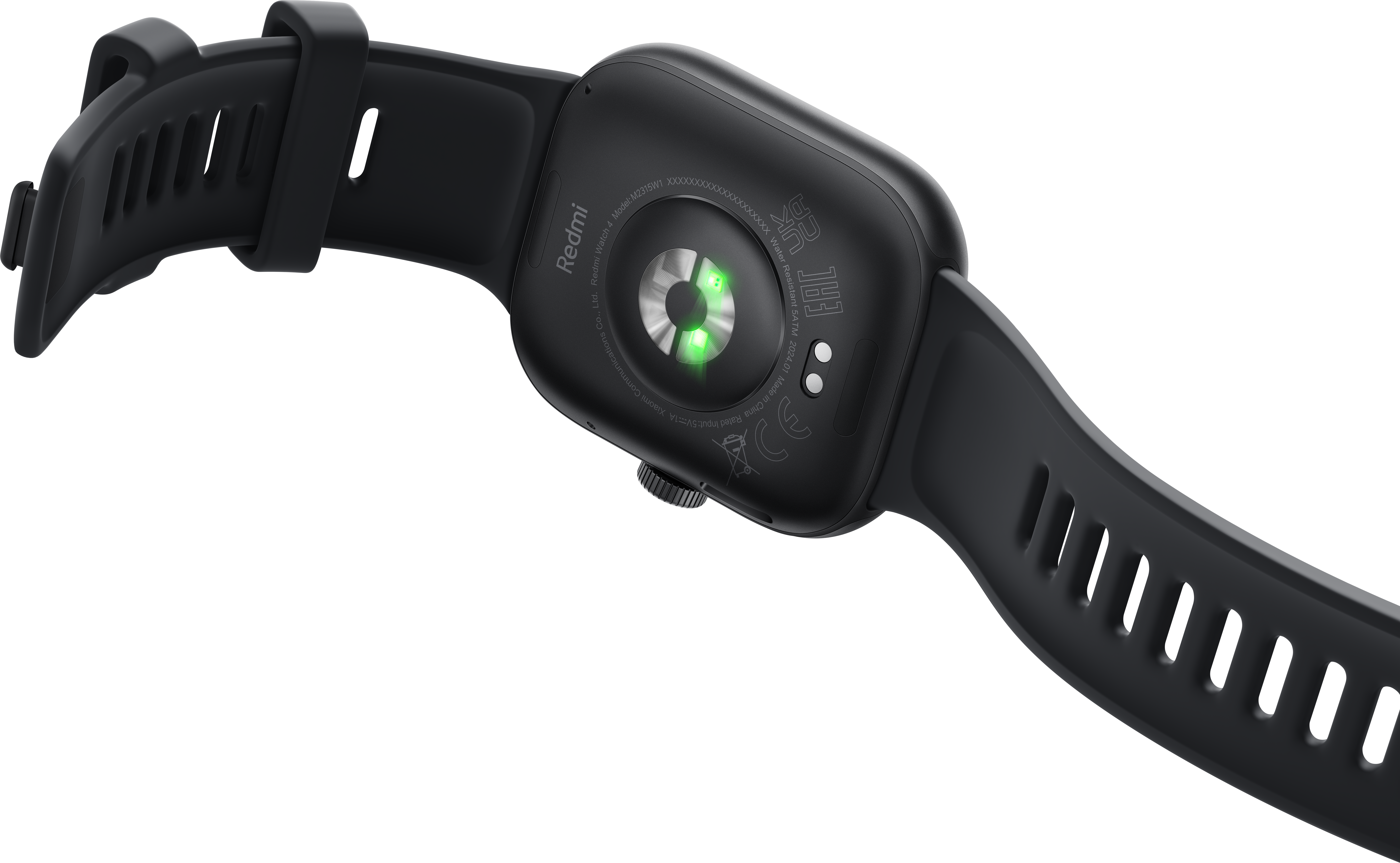 Montre connectée noire, vue arrière, avec logo Redmi et capteur.
