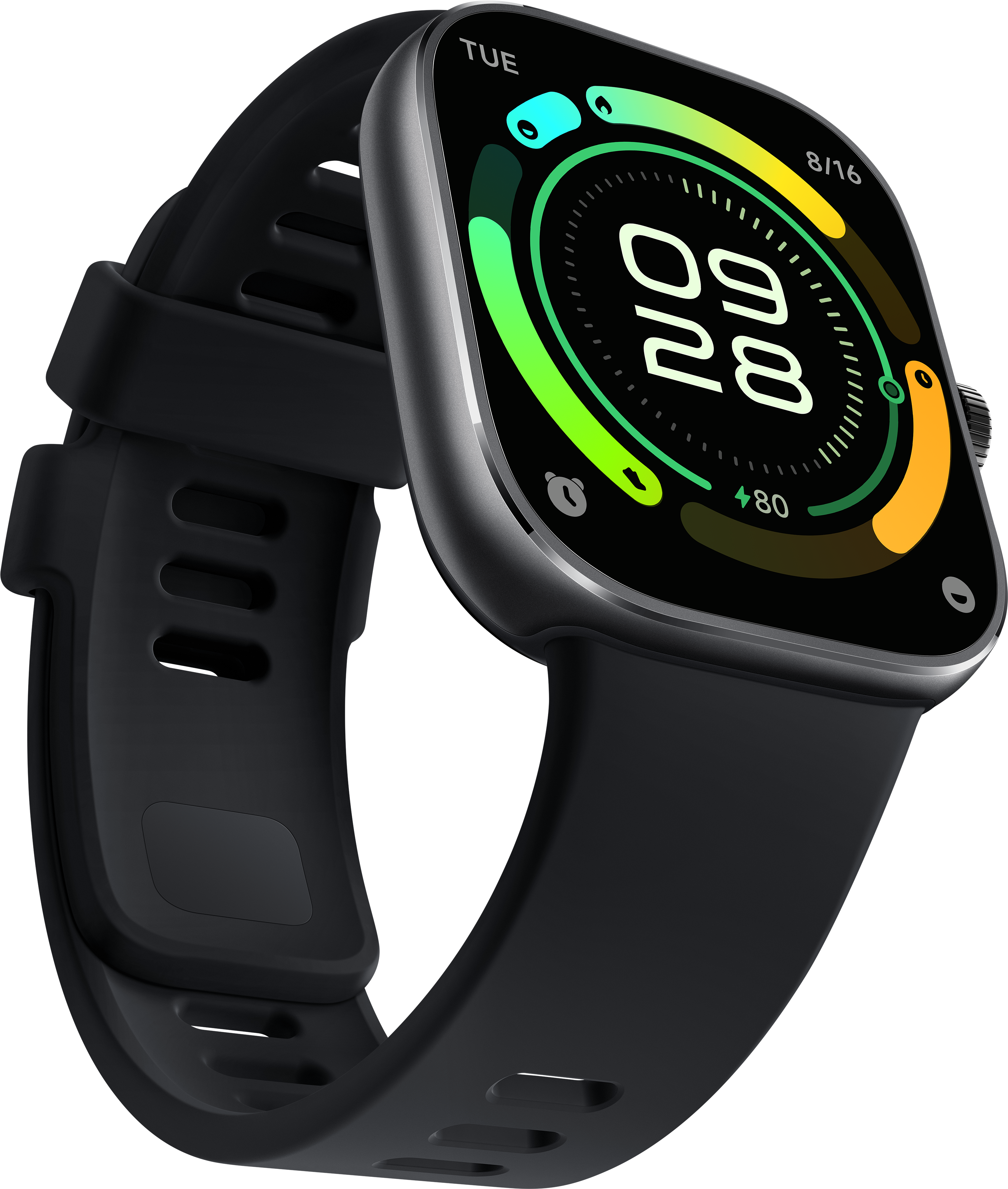 Smartwatch noire avec bracelet noir et écran vert avec des chiffres. Fond noir.