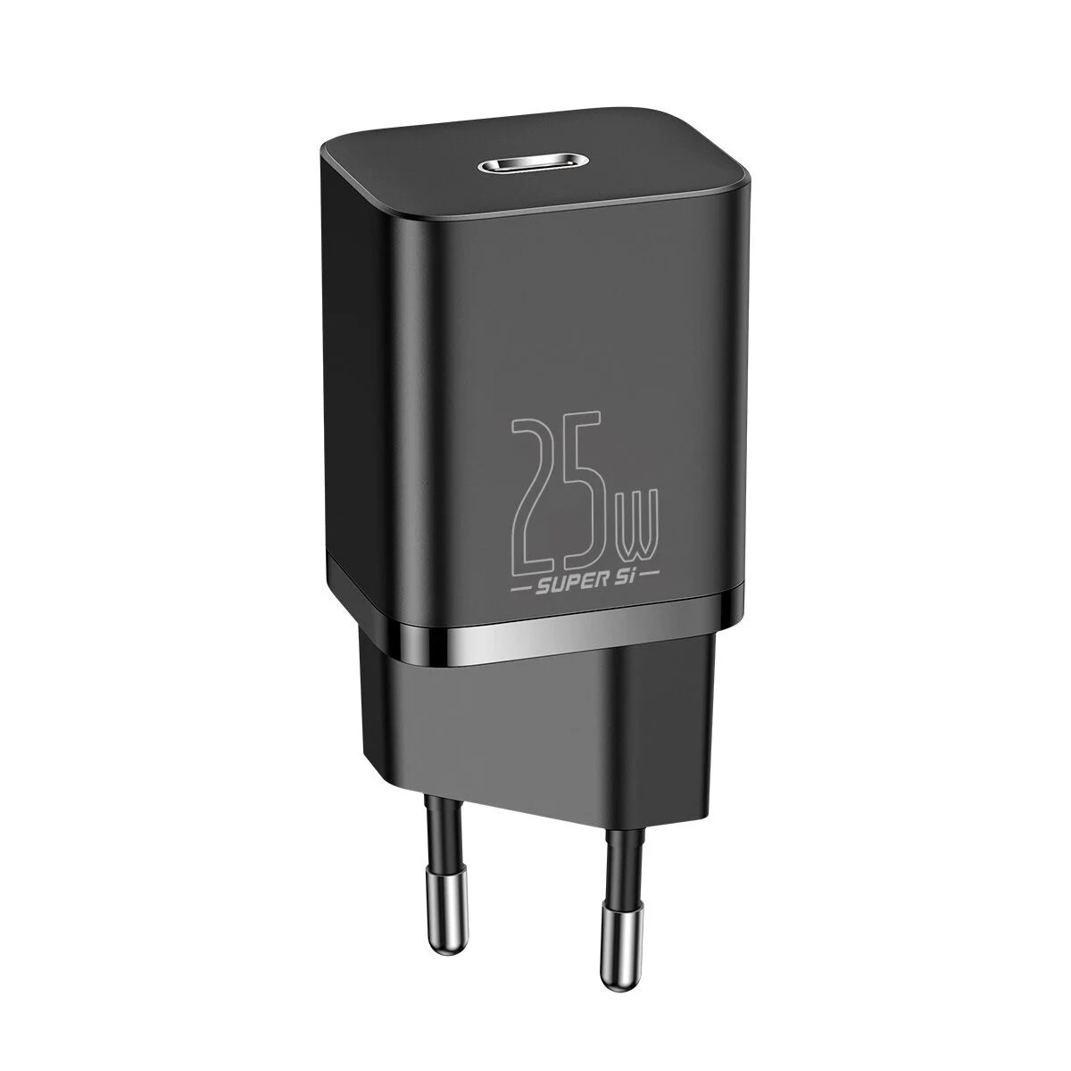 Tip-C portlu ve iki pimli fişli siyah 25W şarj cihazı.