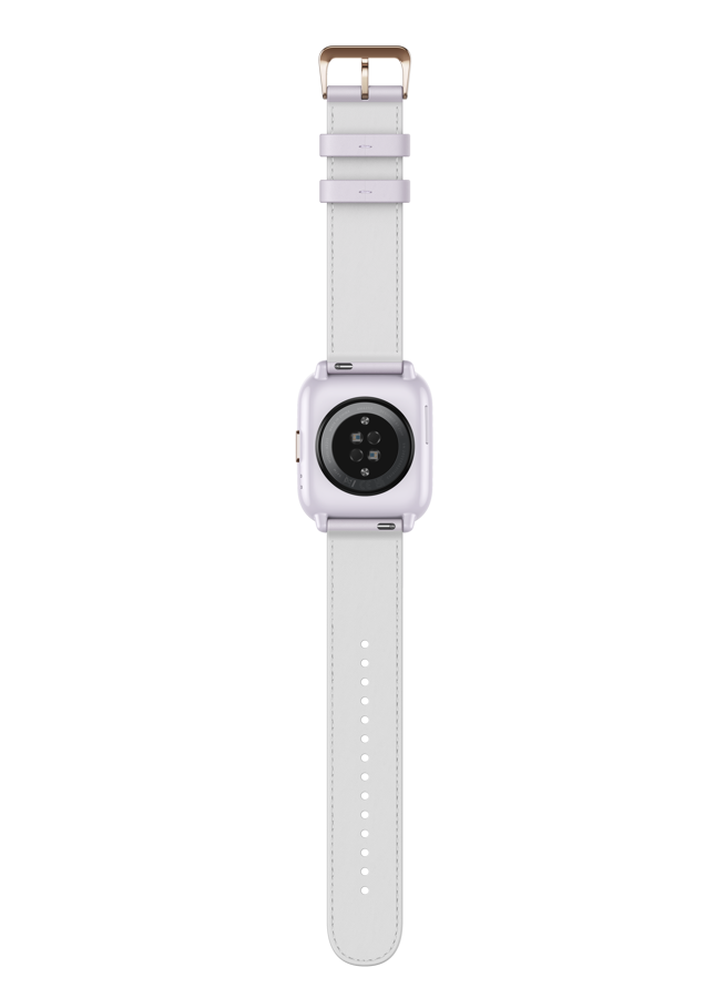 Beyaz kayışlı beyaz Apple Watch, arka görünüm.