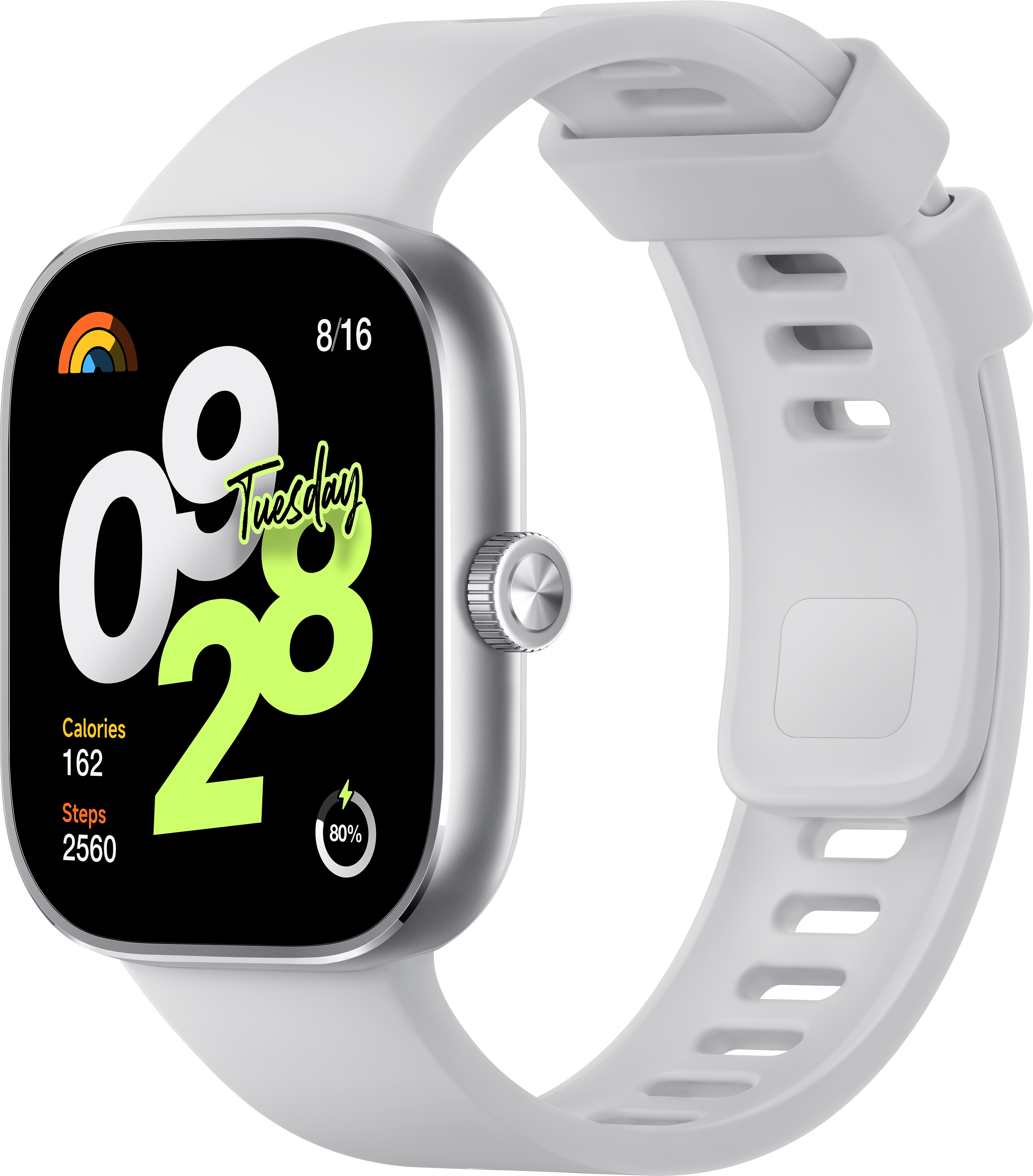 Uno smartwatch bianco mostra informazioni: ora, data, calorie, passi e batteria.