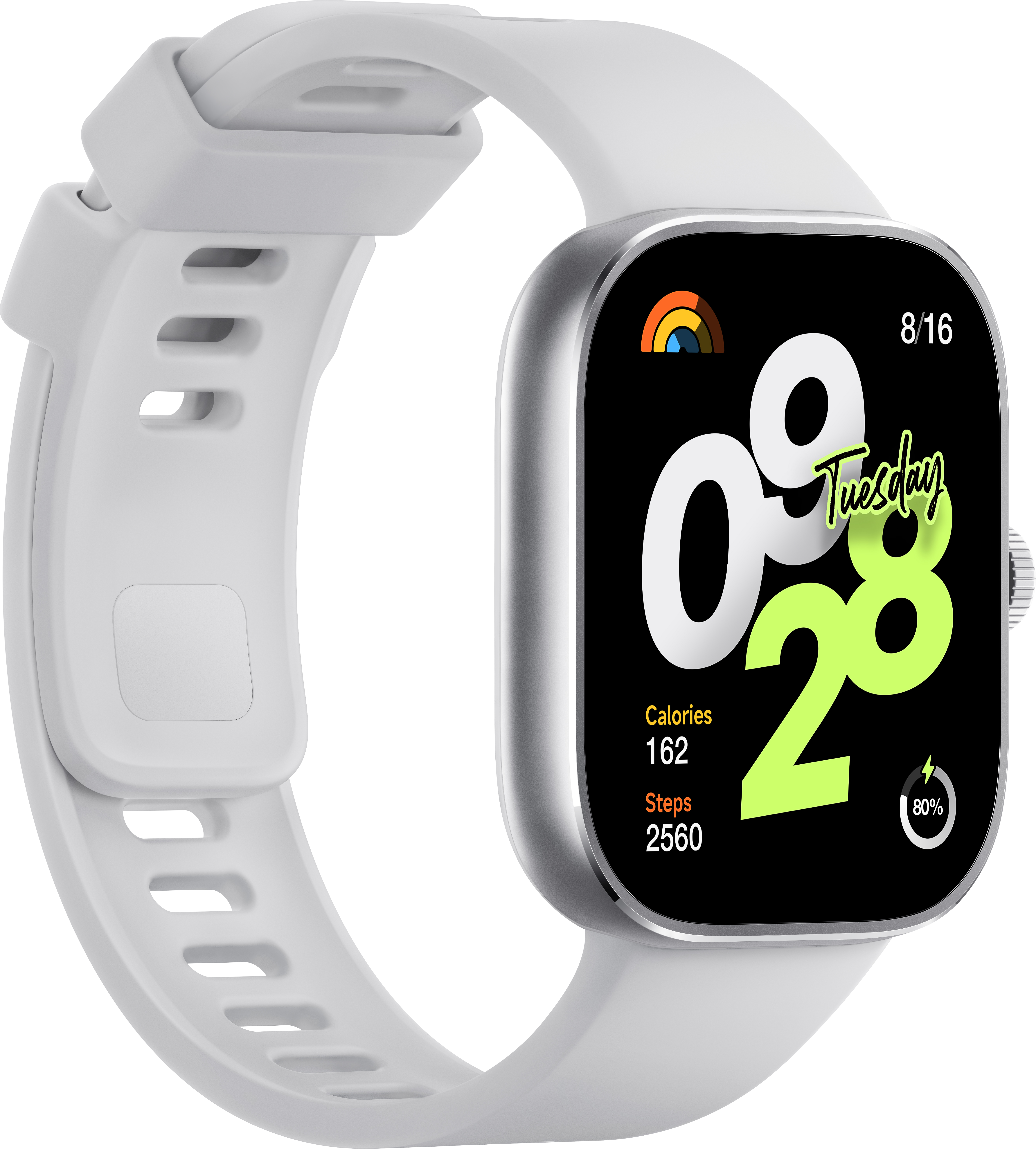 Uno smartwatch bianco con schermo che mostra data, ora e metriche di fitness.
