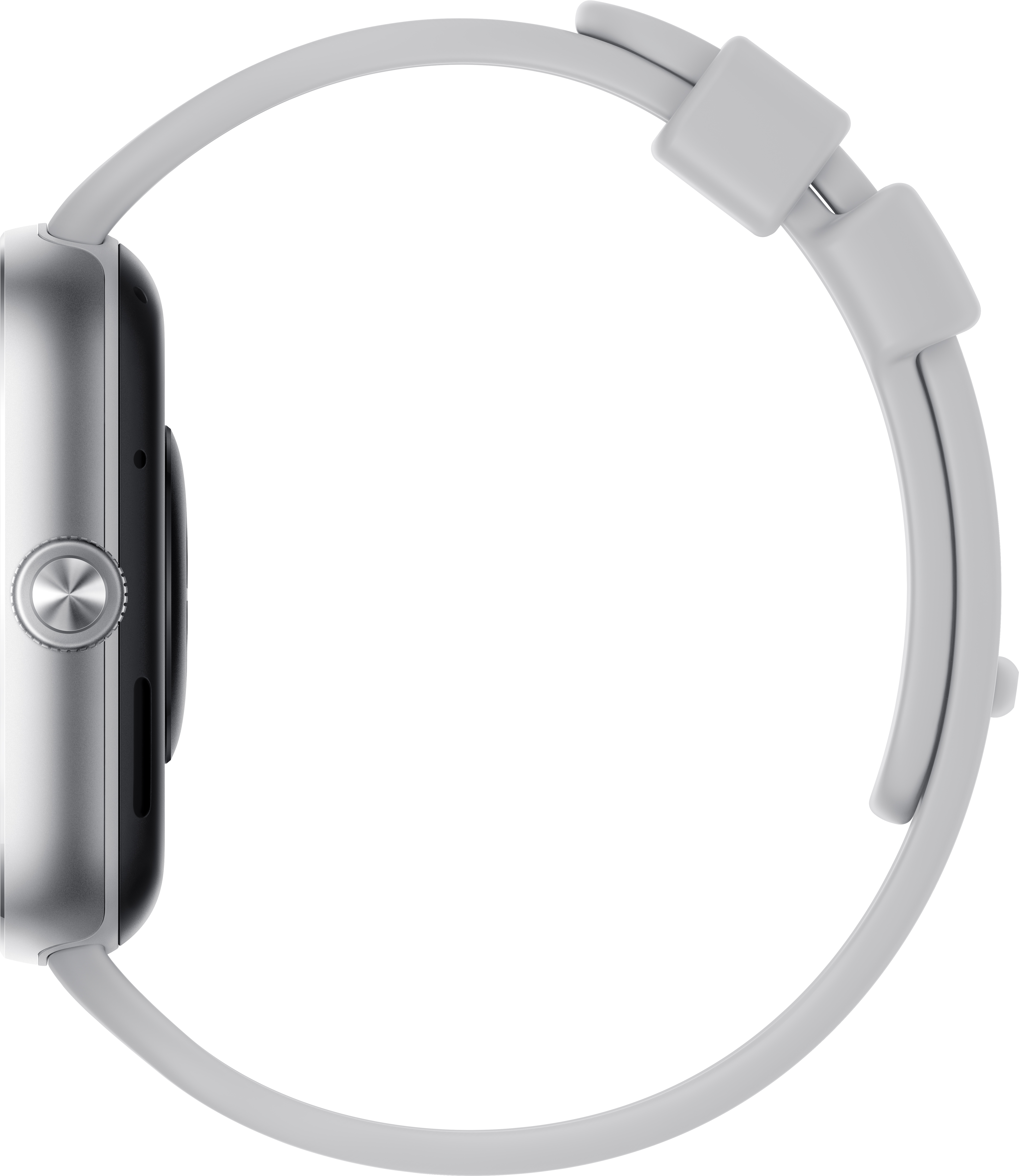 Vista laterale di uno smartwatch argentato con cinturino bianco, su sfondo nero.
