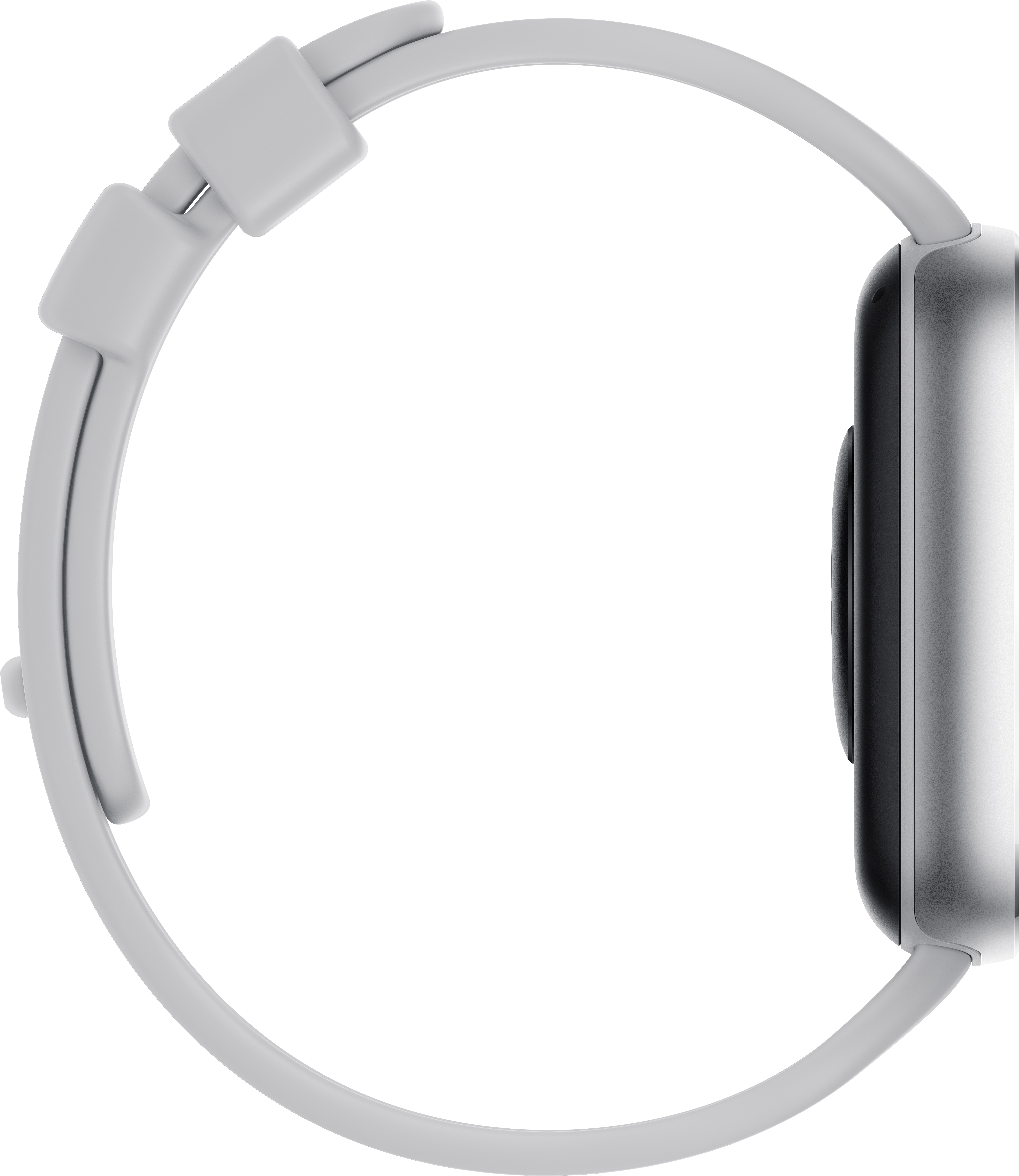 Vista laterale di uno smartwatch argentato con cinturino grigio su sfondo nero.