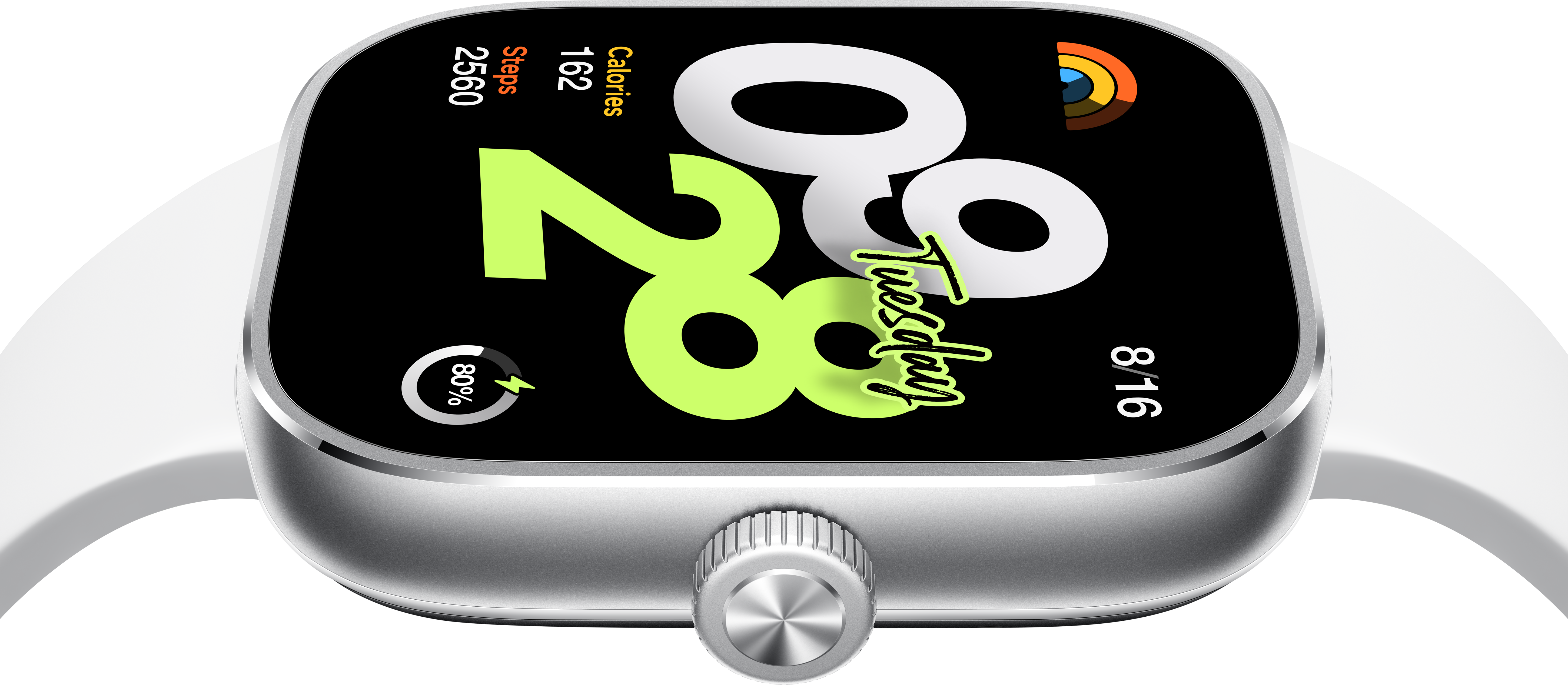 Primo piano del quadrante di uno smartwatch bianco.