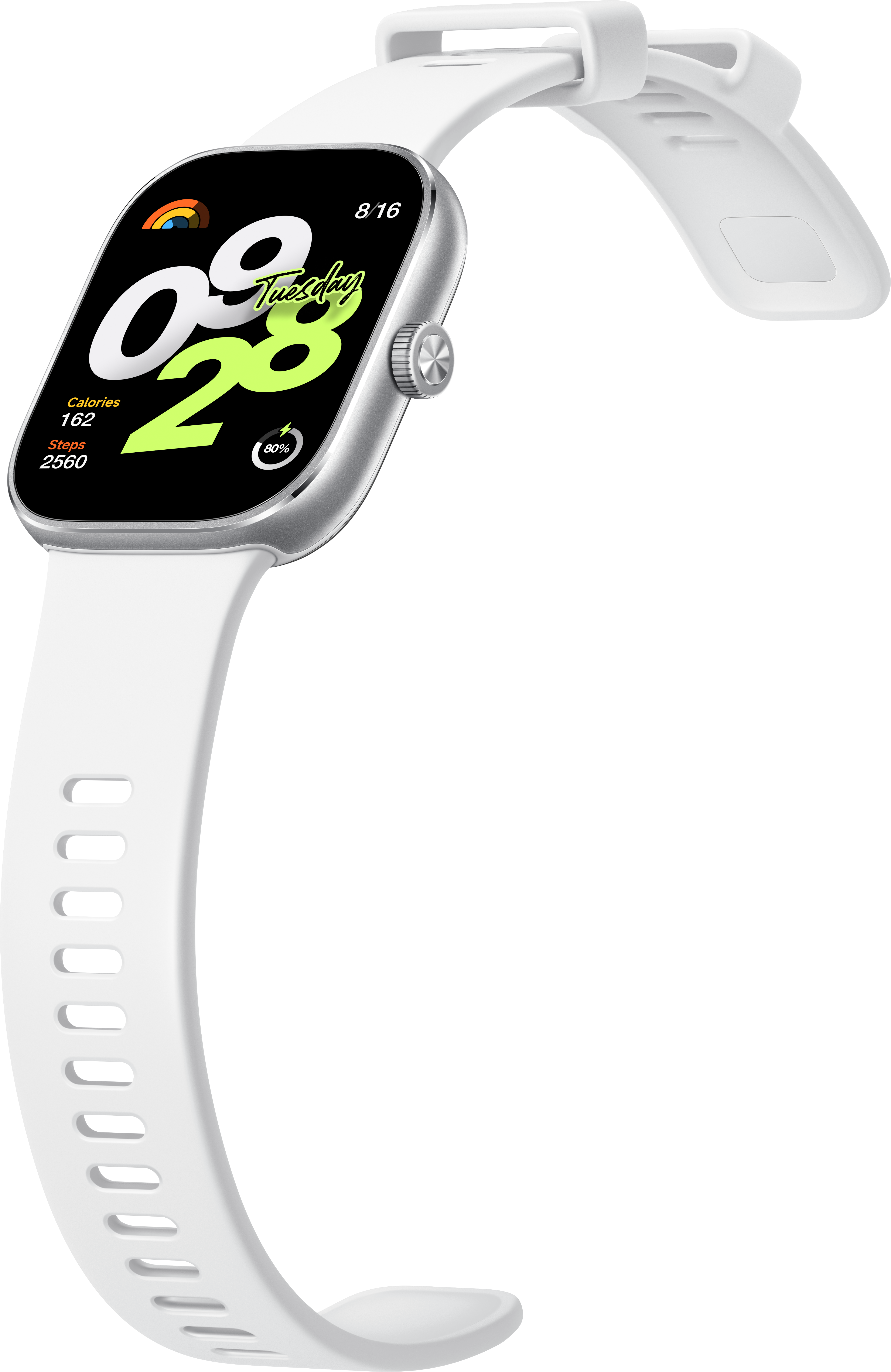 Smartwatch nero con cinturino nero, vista laterale angolata.