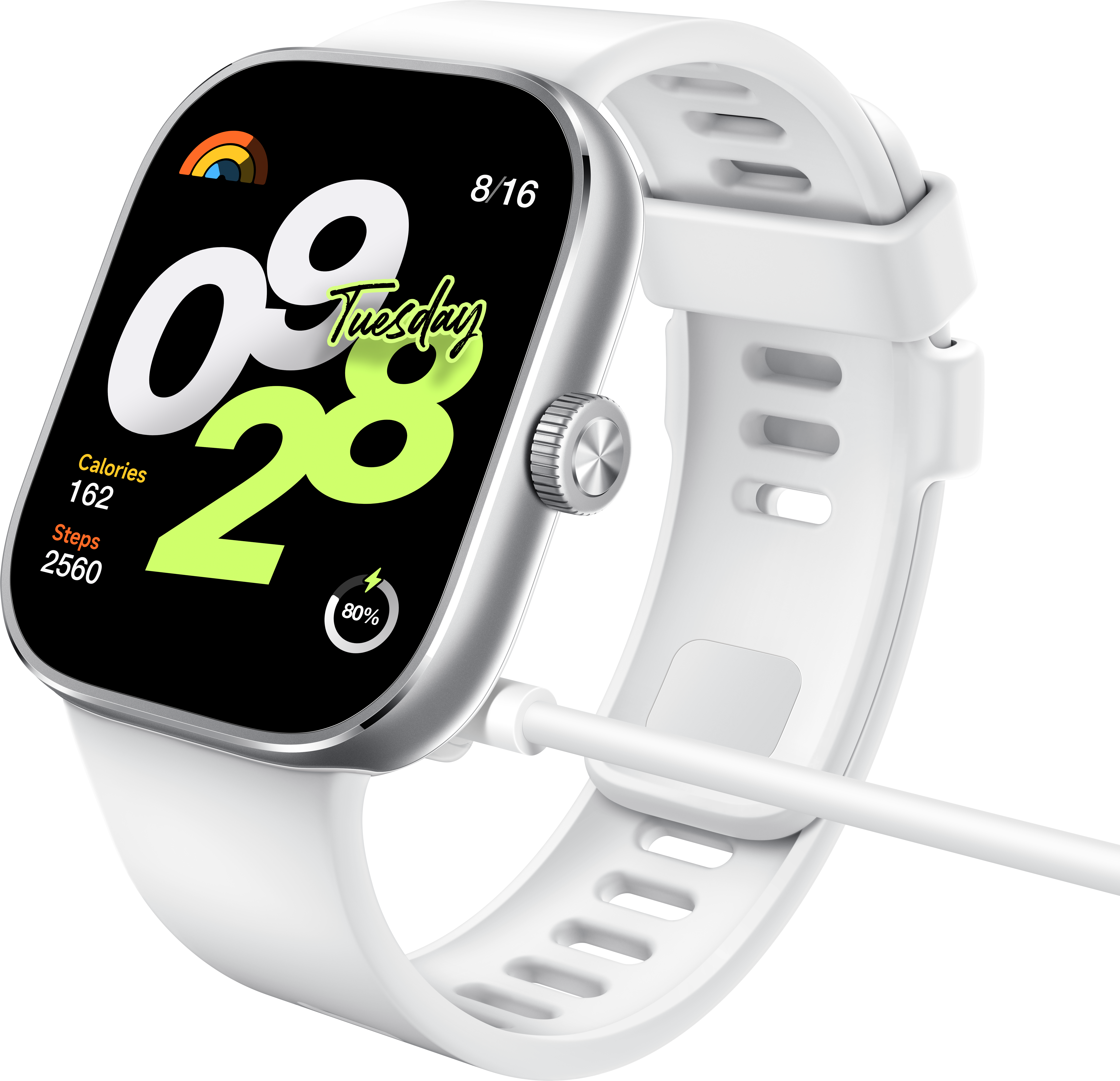 Smartwatch bianco con cavo di ricarica, mostra data, ora e metriche di salute.
