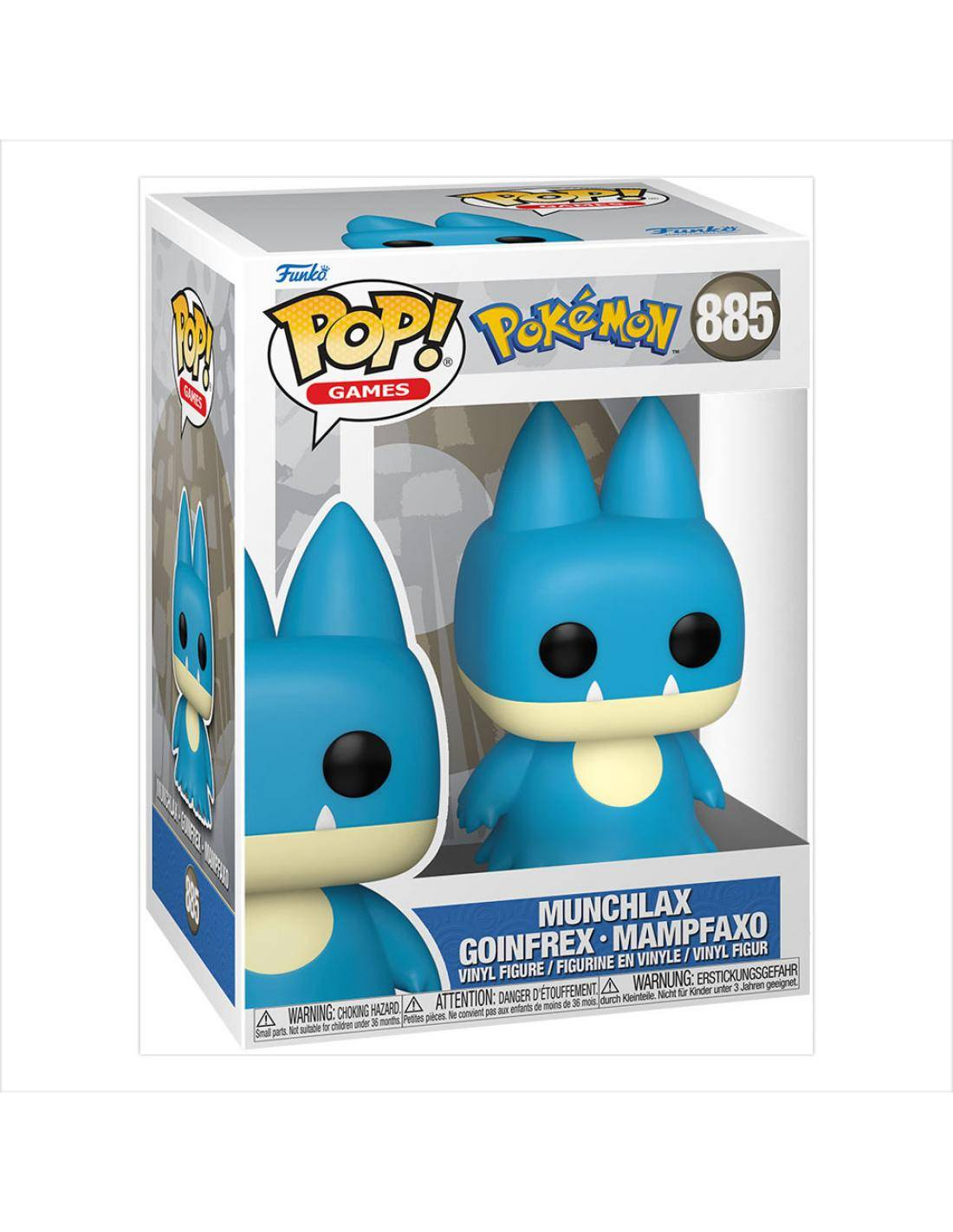 Una figura Funko Pop de un Munchlax Pokémon, en su caja con otras imágenes de la figura.