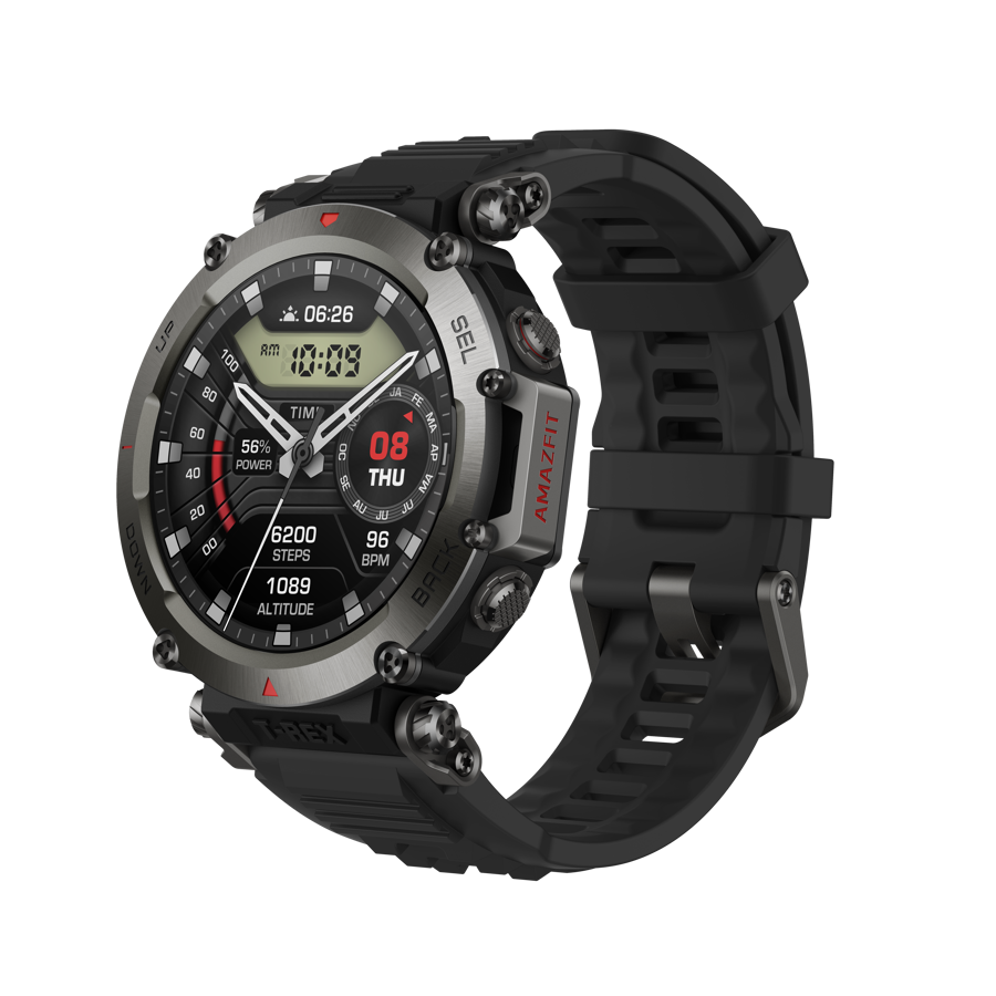 Siyah Amazfit T-Rex akıllı saat, kayışı takılı.