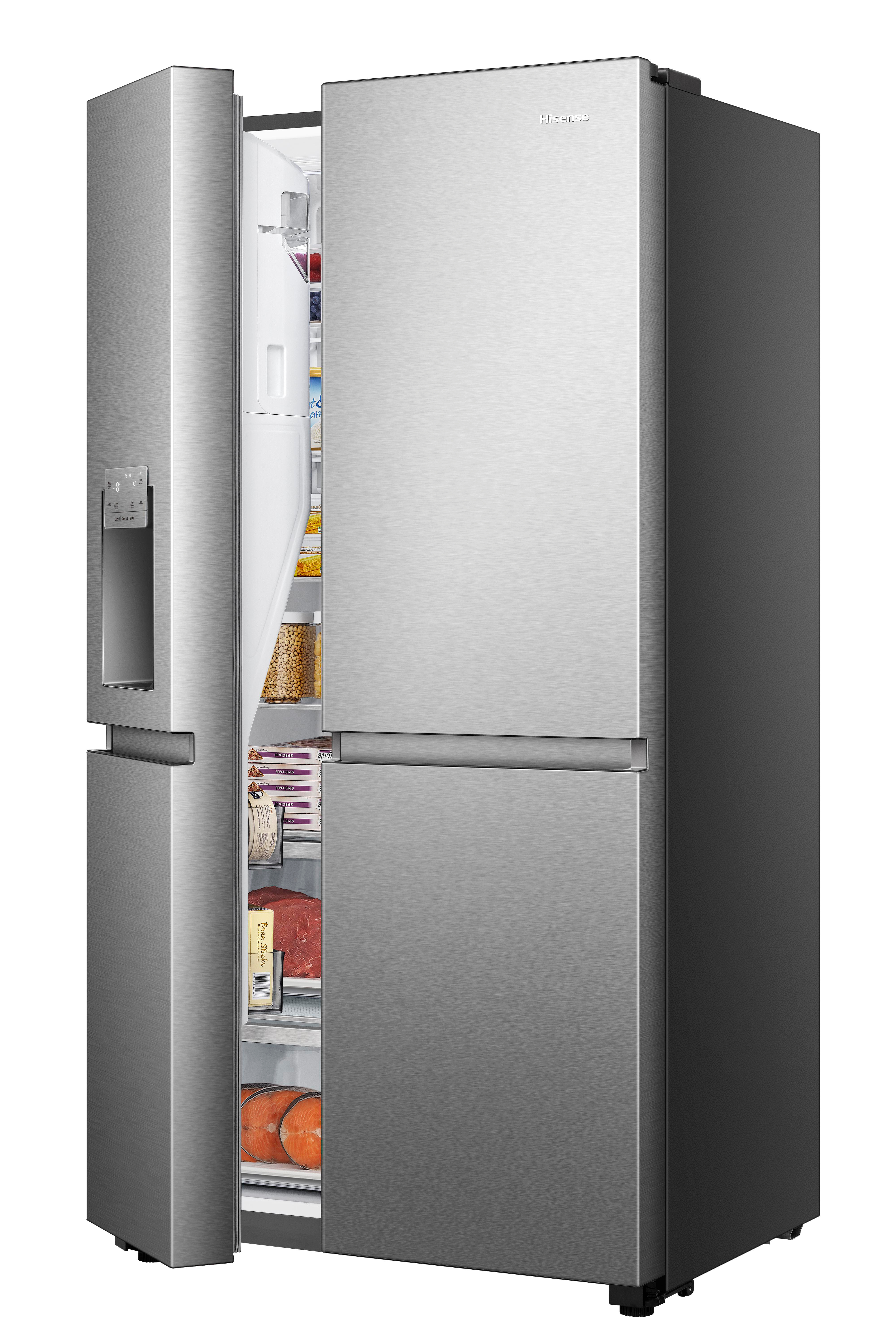 Edelstahlkühlschrank, geöffnet, Inhalt sichtbar.