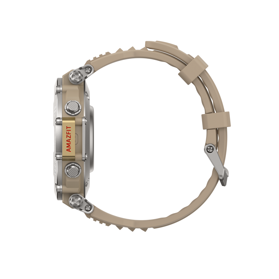 Ten rengi Amazfit akıllı saat, yan görünüm. Gümüş toka ve düğmelerle bej kayış.