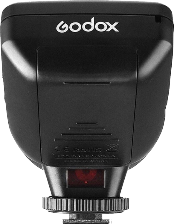 Unité flash noire de marque Godox. Marquages CE et RoHS visibles en bas.
