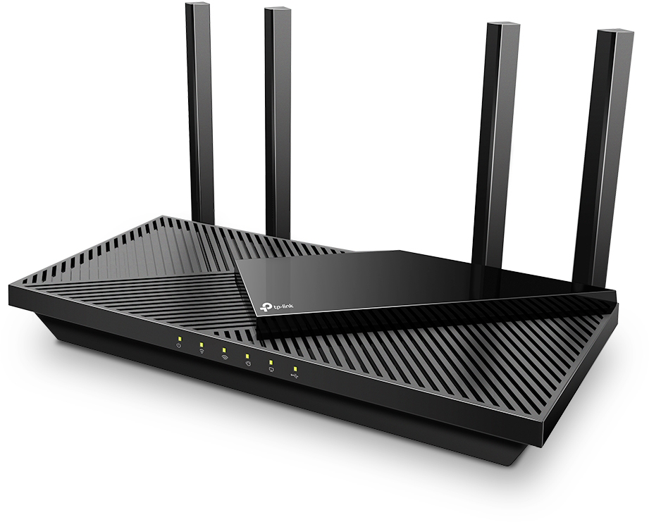 Fekete tp-link router négy antennával és jelzőfényekkel fehér háttéren.
