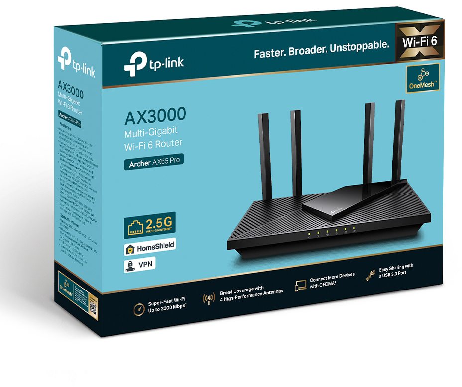 Router doboz szöveggel. Fekete router látható antennákkal. Fehér háttér.
