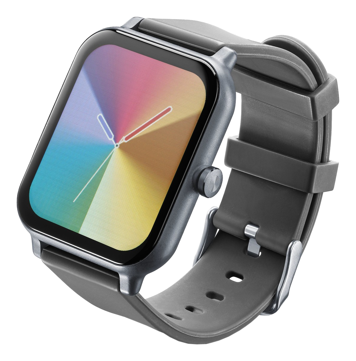 Une smartwatch grise avec un écran coloré et un bracelet gris.