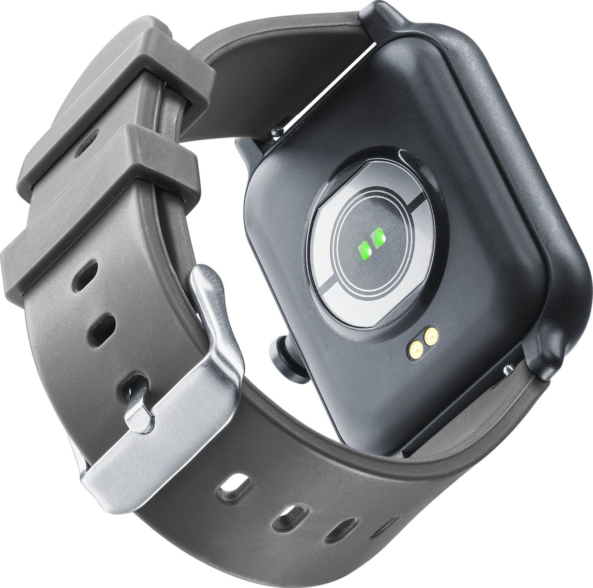 Gros plan du bas d'une smartwatch avec capteurs, attachée à un bracelet gris avec boucle métallique.