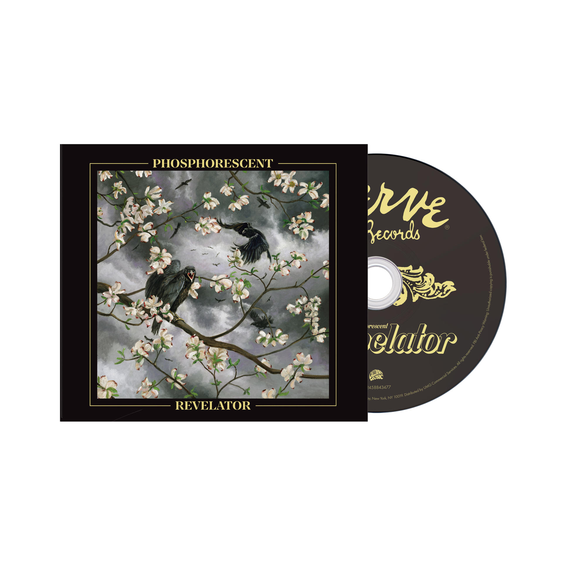CD und Albumcover mit Vögeln, Blumen und den Wörtern Phosphorescent und Revelator.