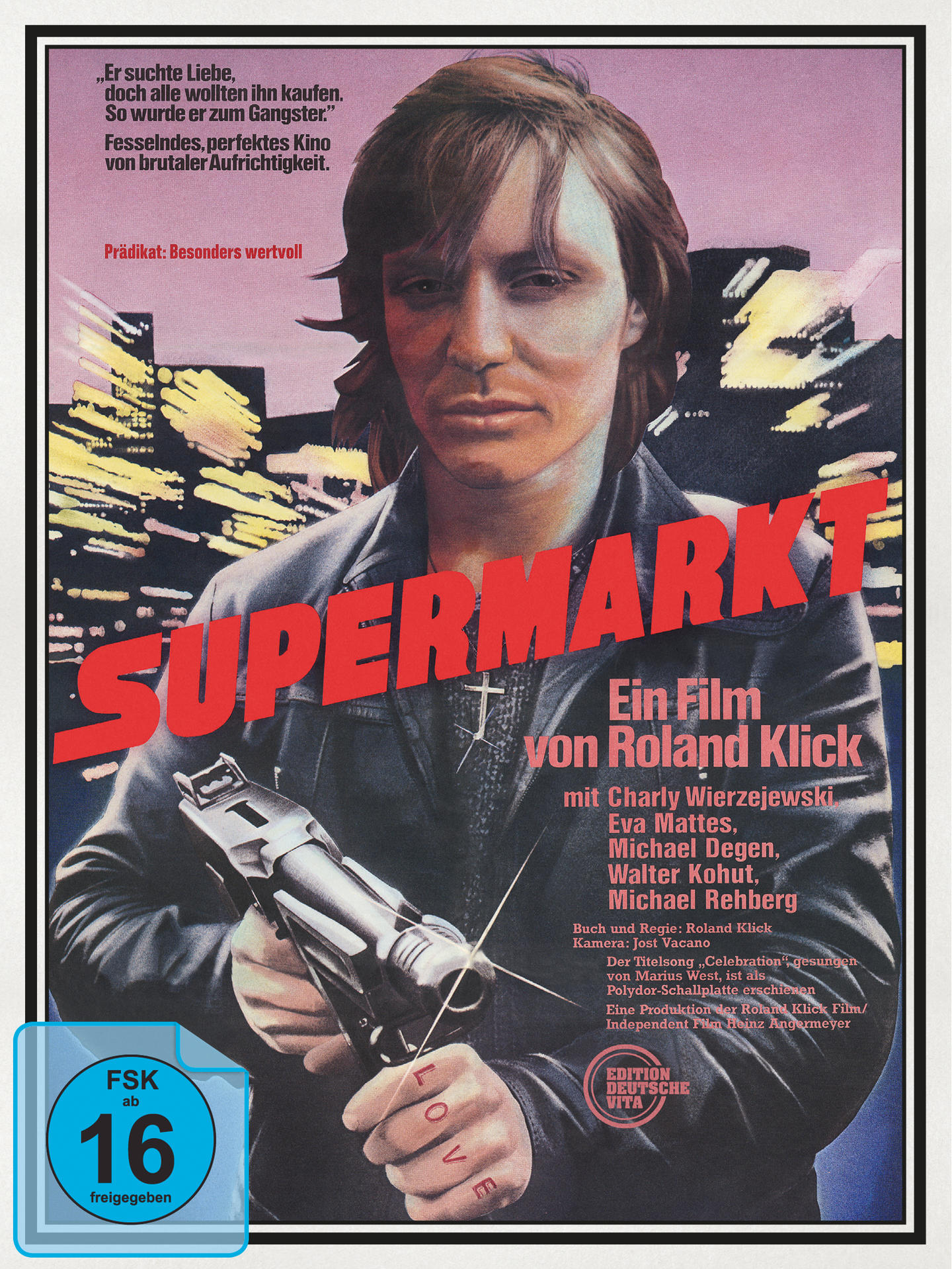 Filmposter für "Supermarkt". Enthält einen Mann mit einer Waffe. Text auf Deutsch.