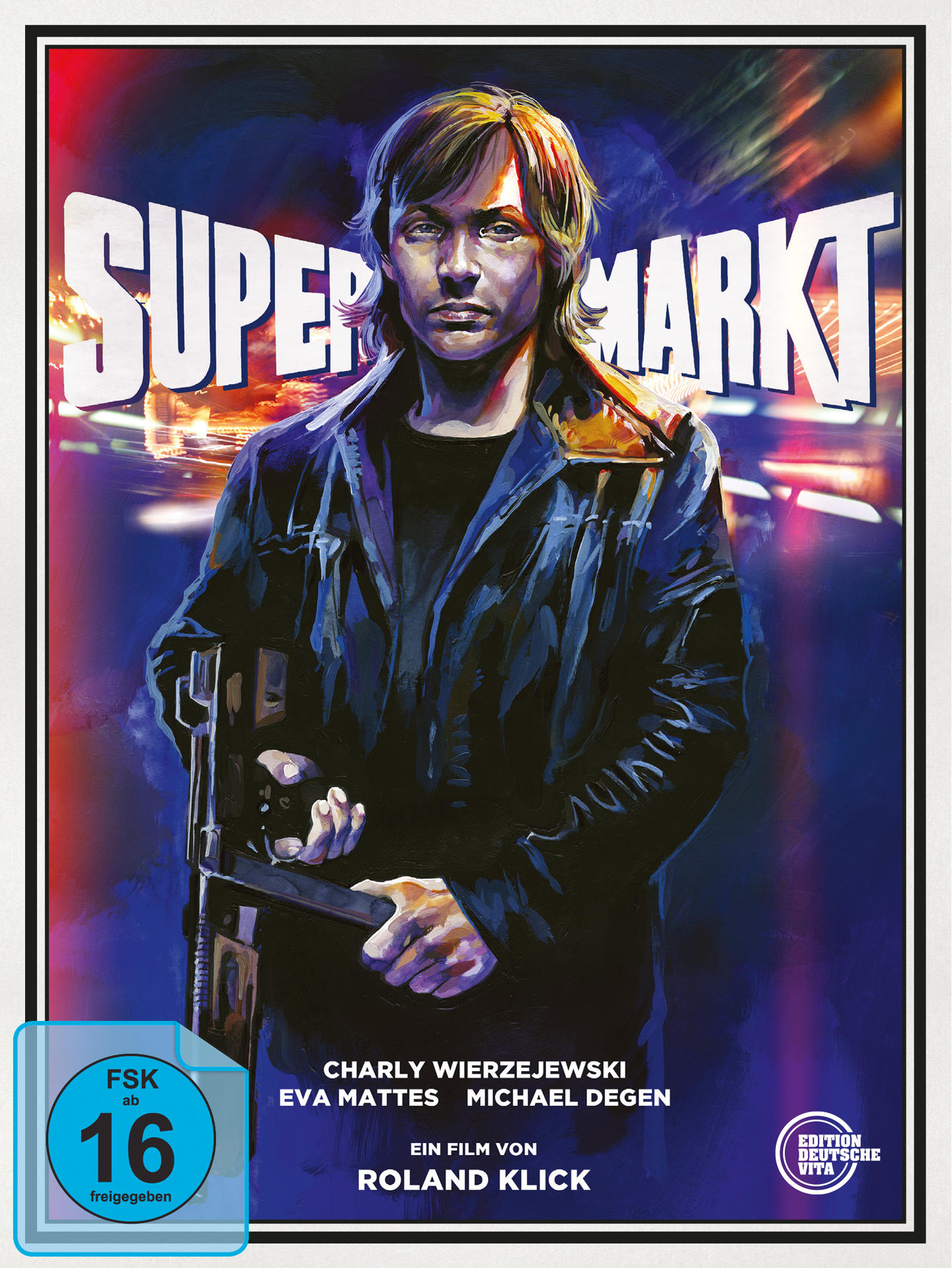 Filmposter: Mann hält Maschinenpistole, Titel 'SUPER MARKT' und Schauspielernamen.