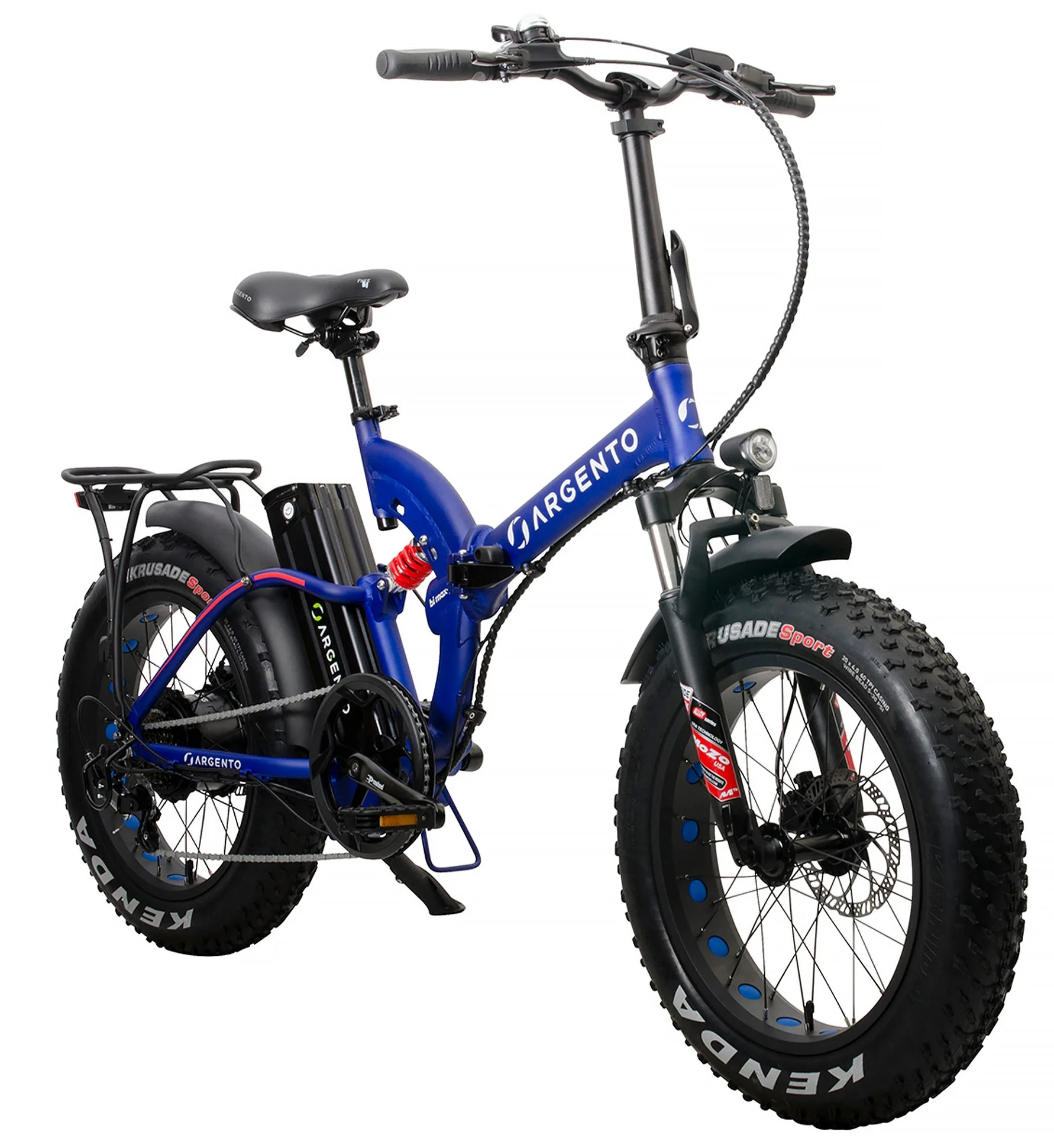 Niebieski składany rower elektryczny Argento z szerokimi oponami, ujęcie pod kątem.