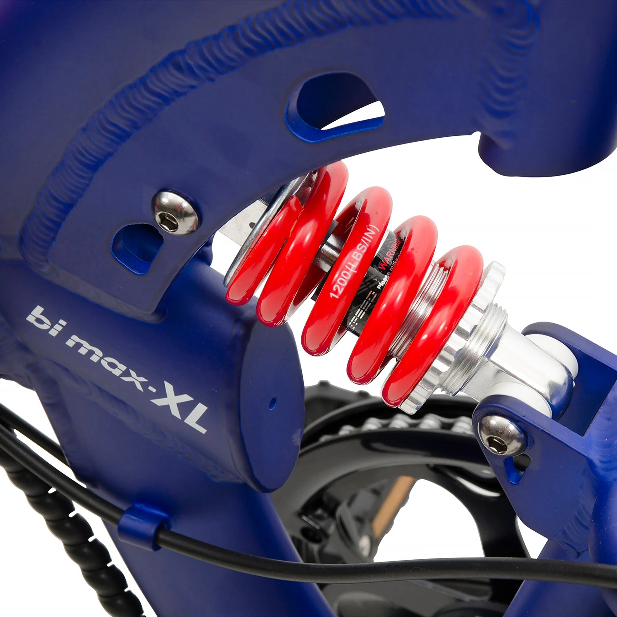 Niebieska rama roweru z czerwoną sprężyną i czarnymi detalami.