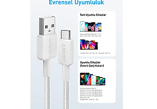 ANKER 322 USB-C to USB-A 1.8m 30W Güç Destekli Şarj/Data Kablosu Beyaz A81H6_4