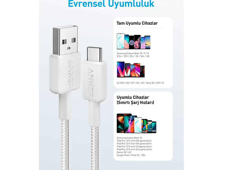 ANKER 322 USB-C to USB-A 1.8m 30W Güç Destekli Şarj/Data Kablosu Beyaz A81H6_4