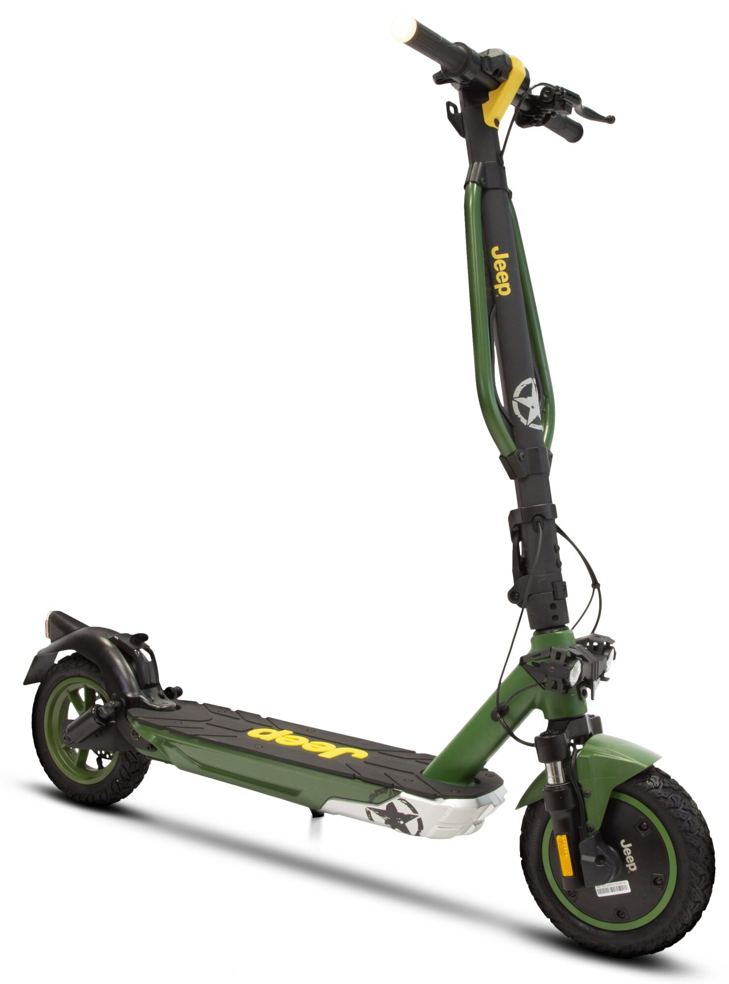 Zielono-czarna hulajnoga elektryczna Jeep na białym tle.