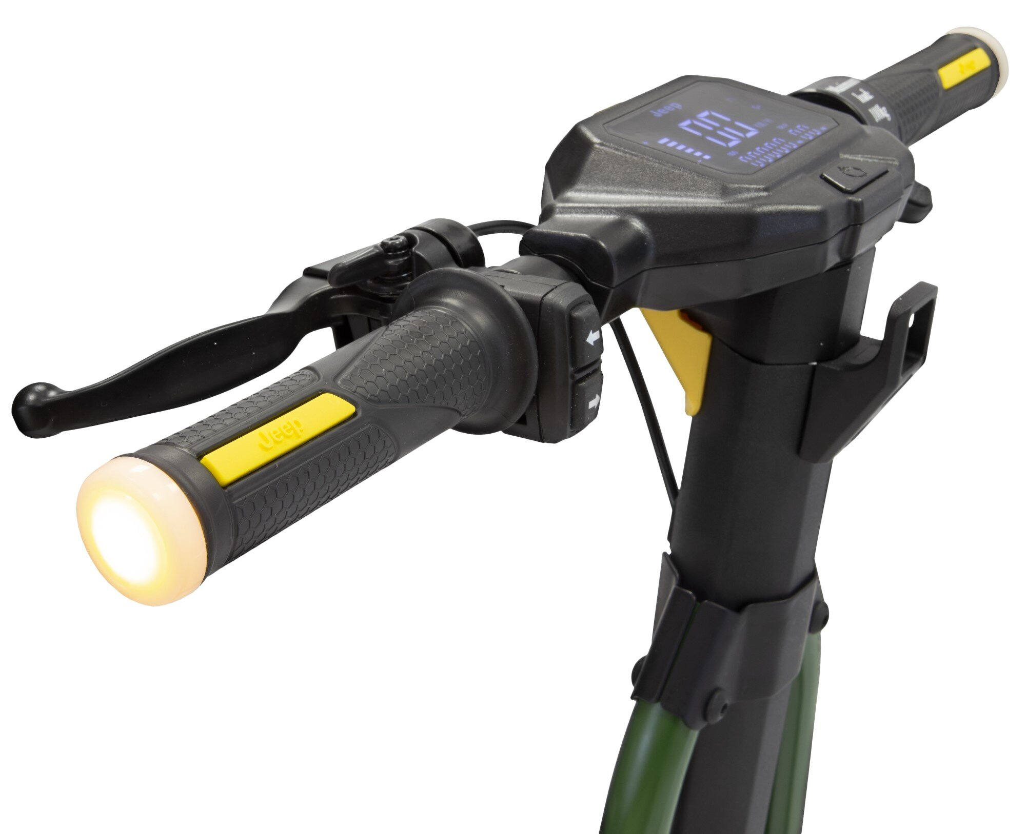 Zbliżenie kierownicy skutera. Posiada wyświetlacz i reflektor.