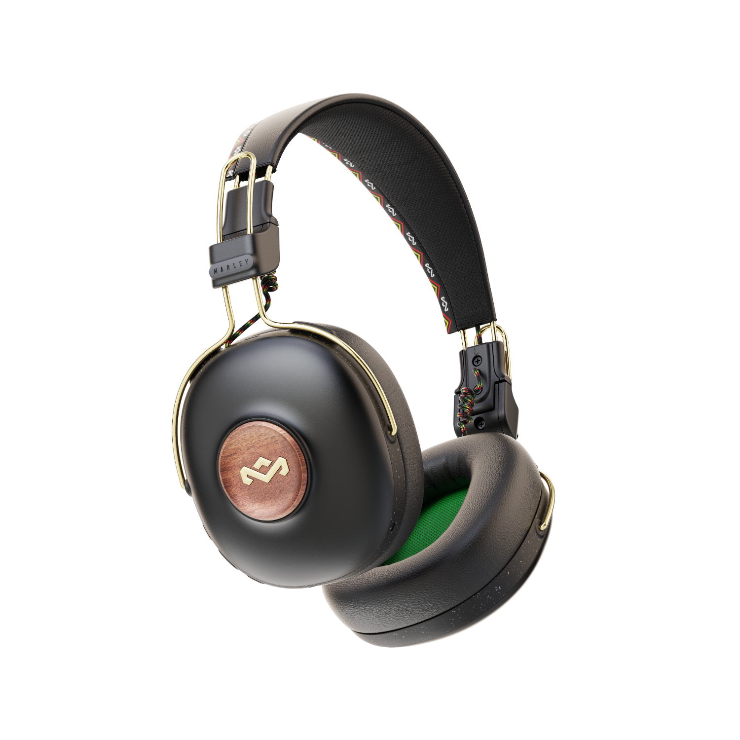 Black and gold headphones with earcups, a headband, and a wooden logo.
