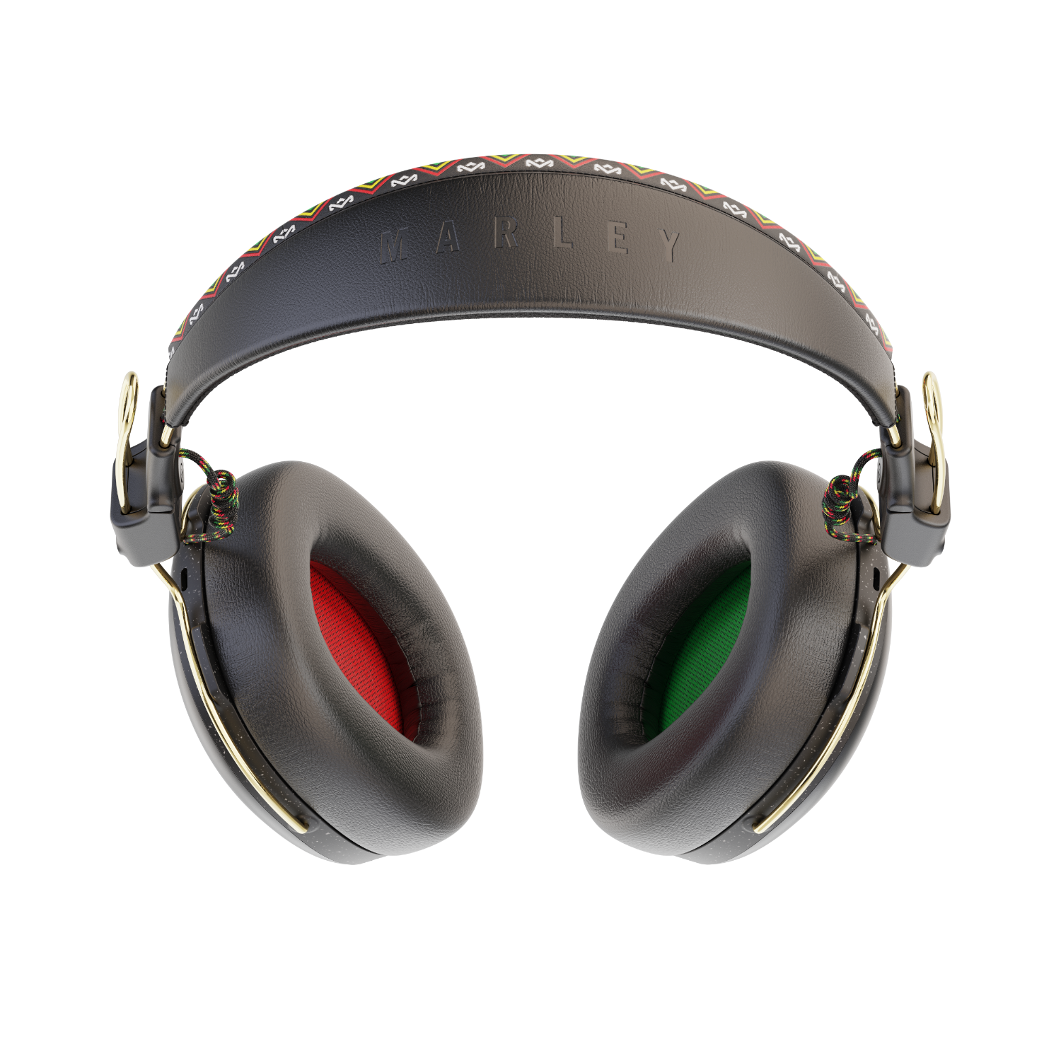 Black Marley headphones with red and green earcups and a patterned headband.