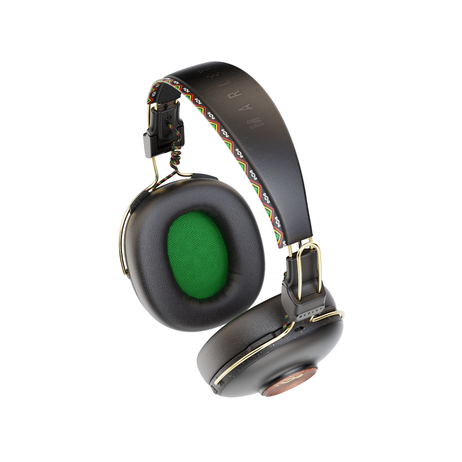 Black and gold headphones with green ear pads, black background.