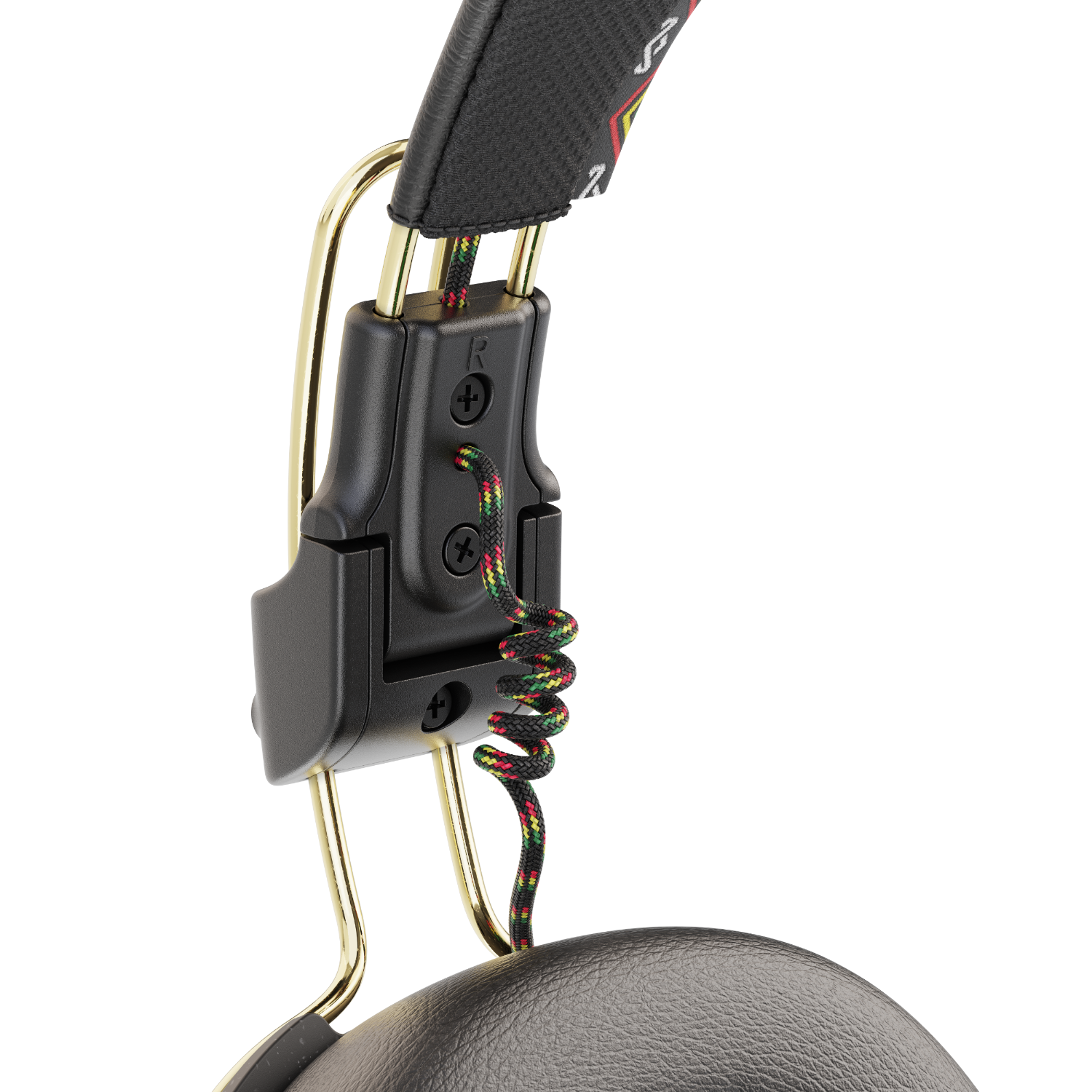 Close-up of black headphones with a gold wire and a colorful cable.