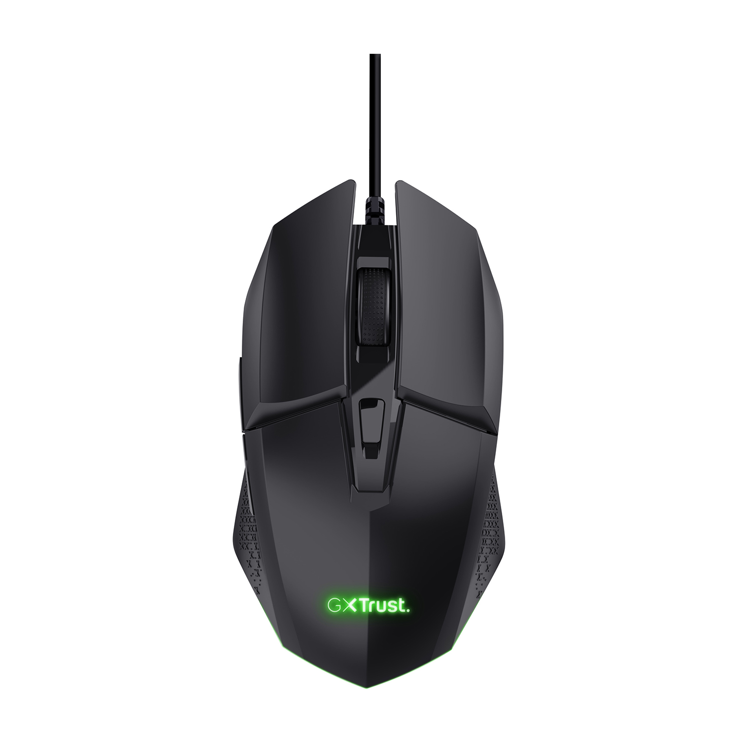 Mouse da gioco nero, vista dall'alto, con cavo e logo GX Trust.