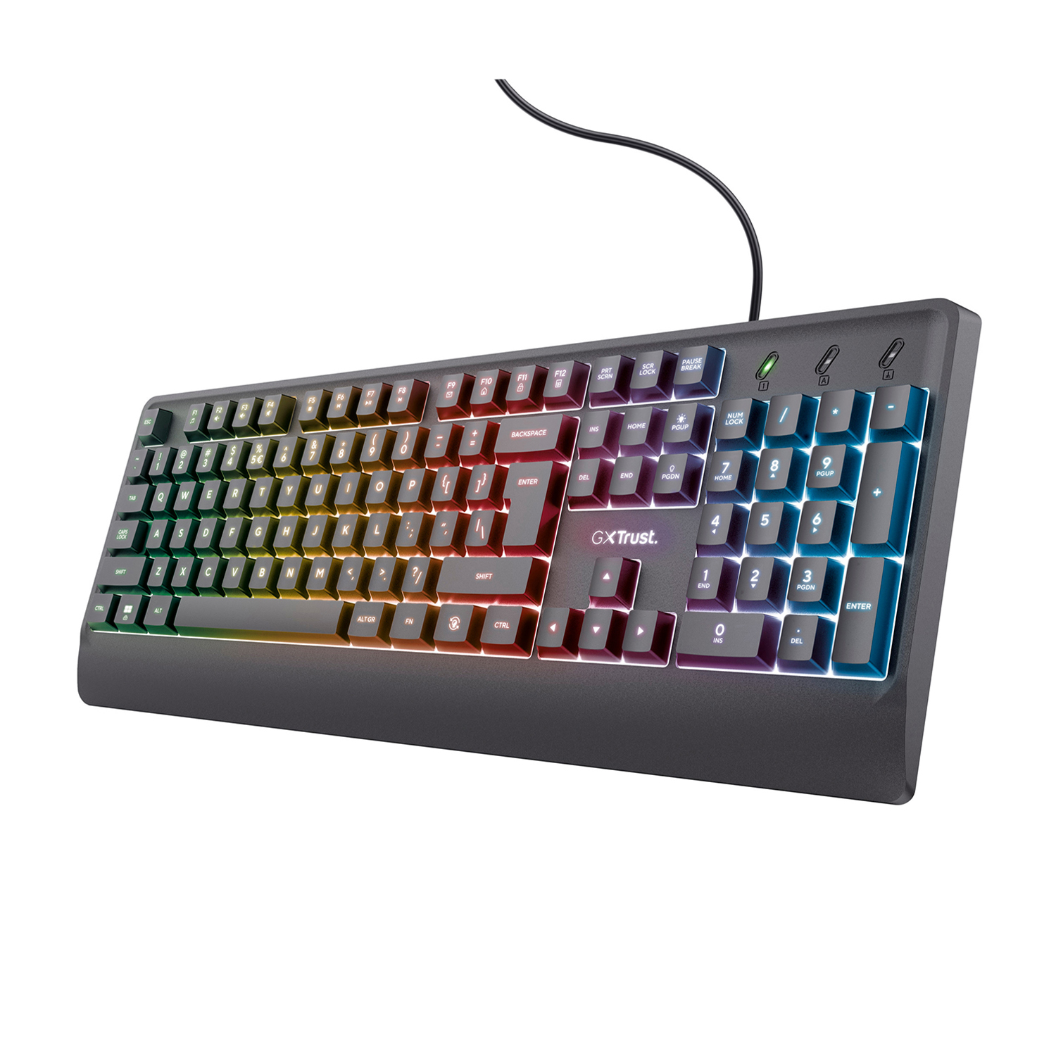Tastiera nera cablata con tasti illuminati arcobaleno. Layout standard con tasti funzione aggiuntivi.