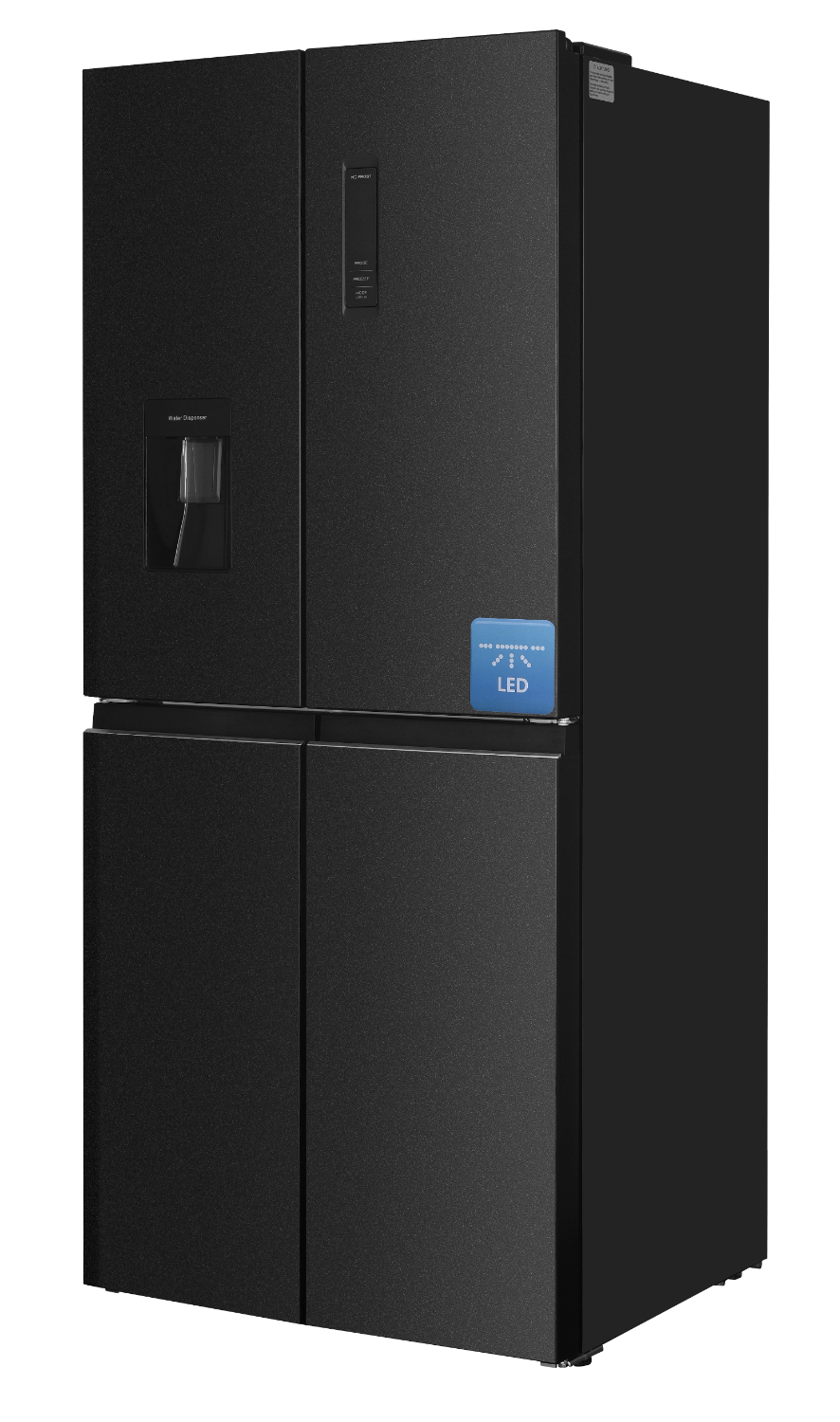 Zwarte koelkast met vier deuren, waterdispenser en LED-display.