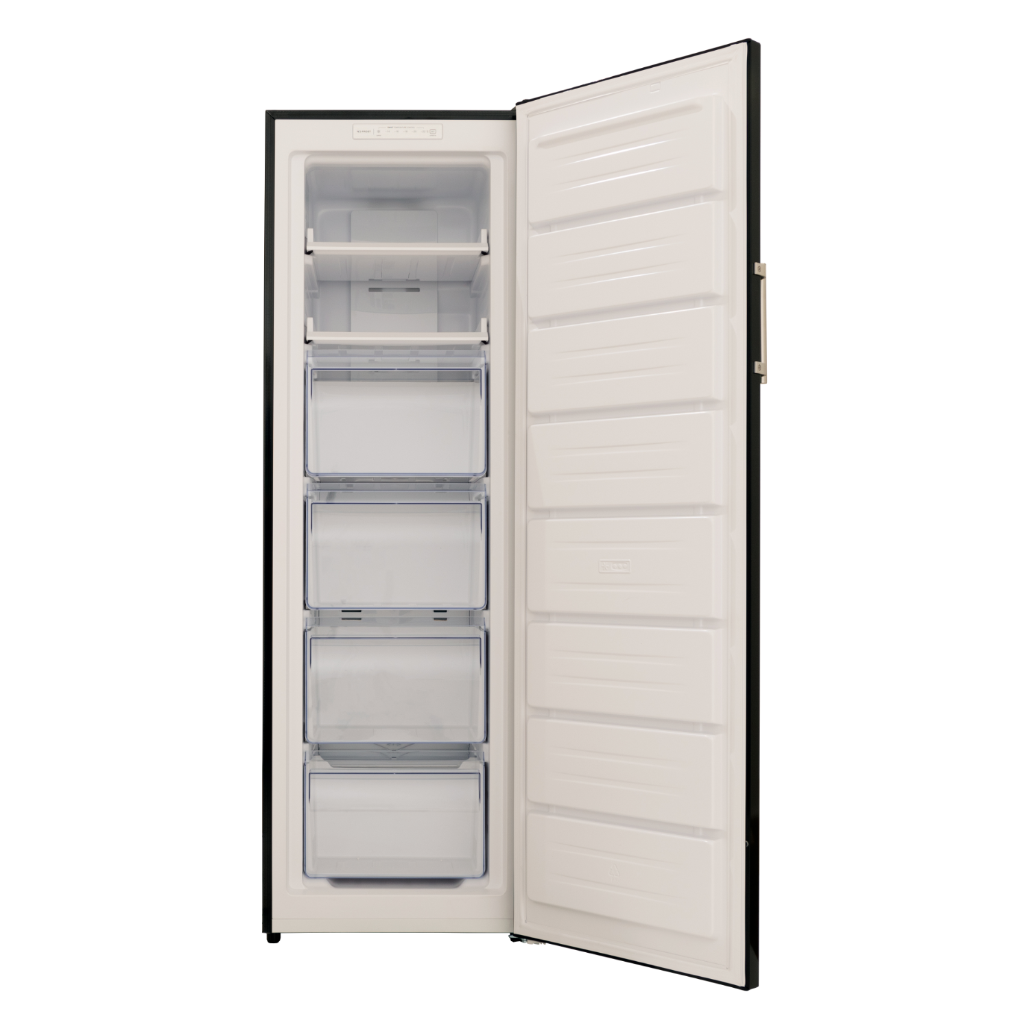 A black refrigerator with the door open, revealing shelves and drawers. The interior is white.