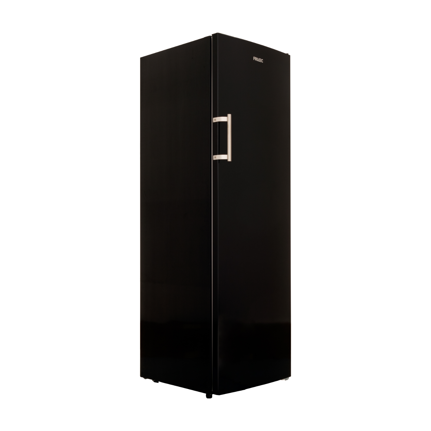 A black, tall freezer against a white backdrop, featuring a silver handle on the door.