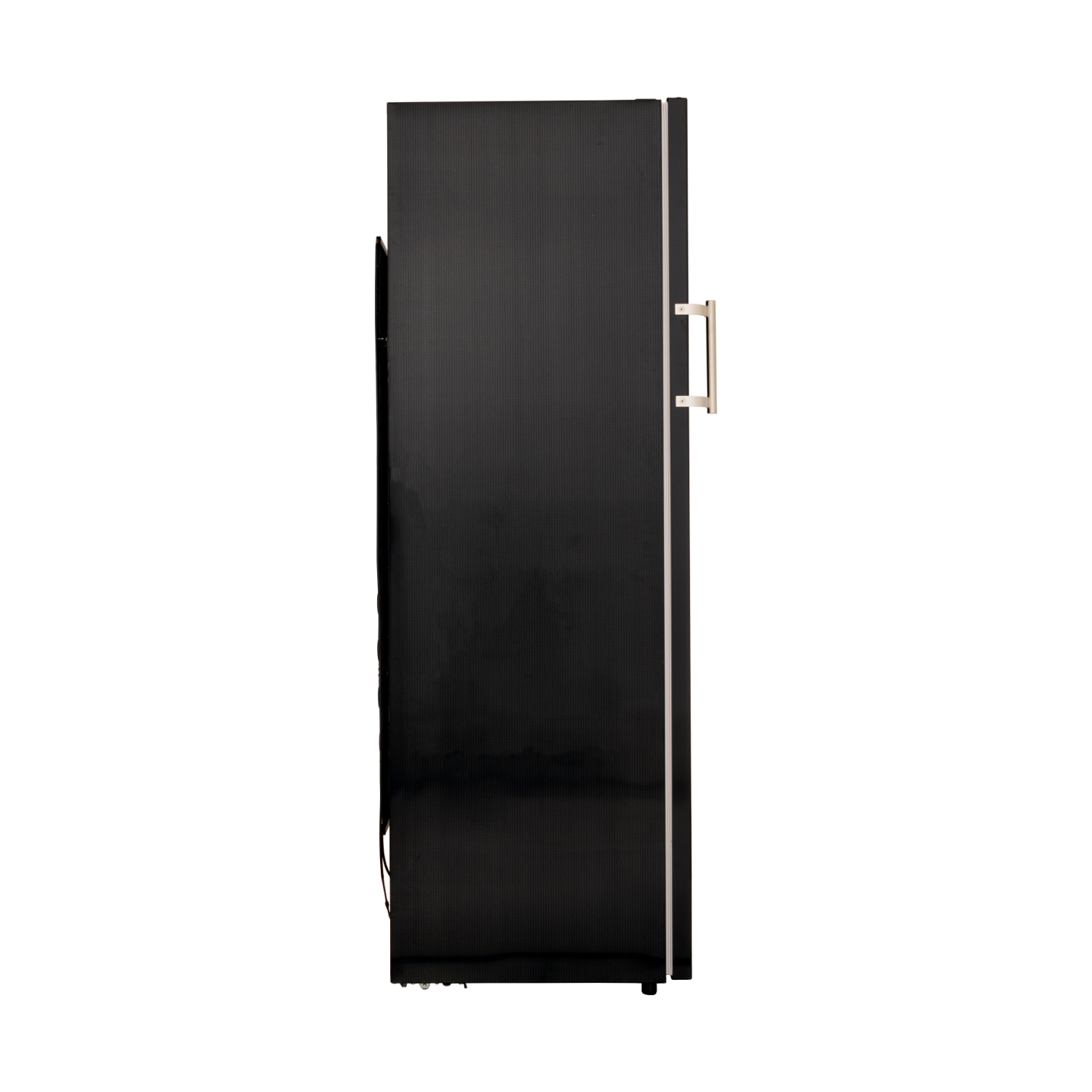 Black side of a refrigerator with a handle. Dark background, white outline.