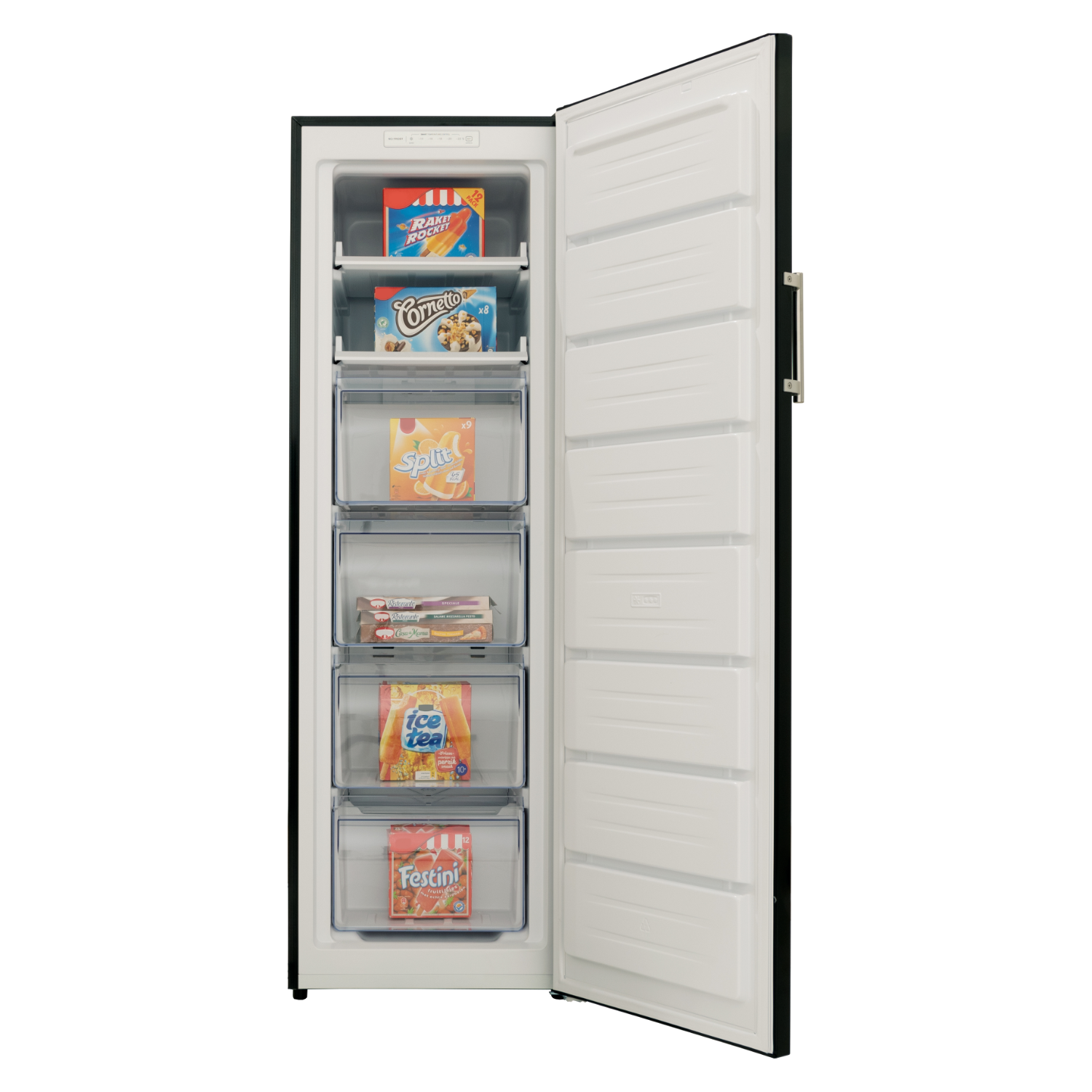 An open black refrigerator with several drawers filled with frozen food.